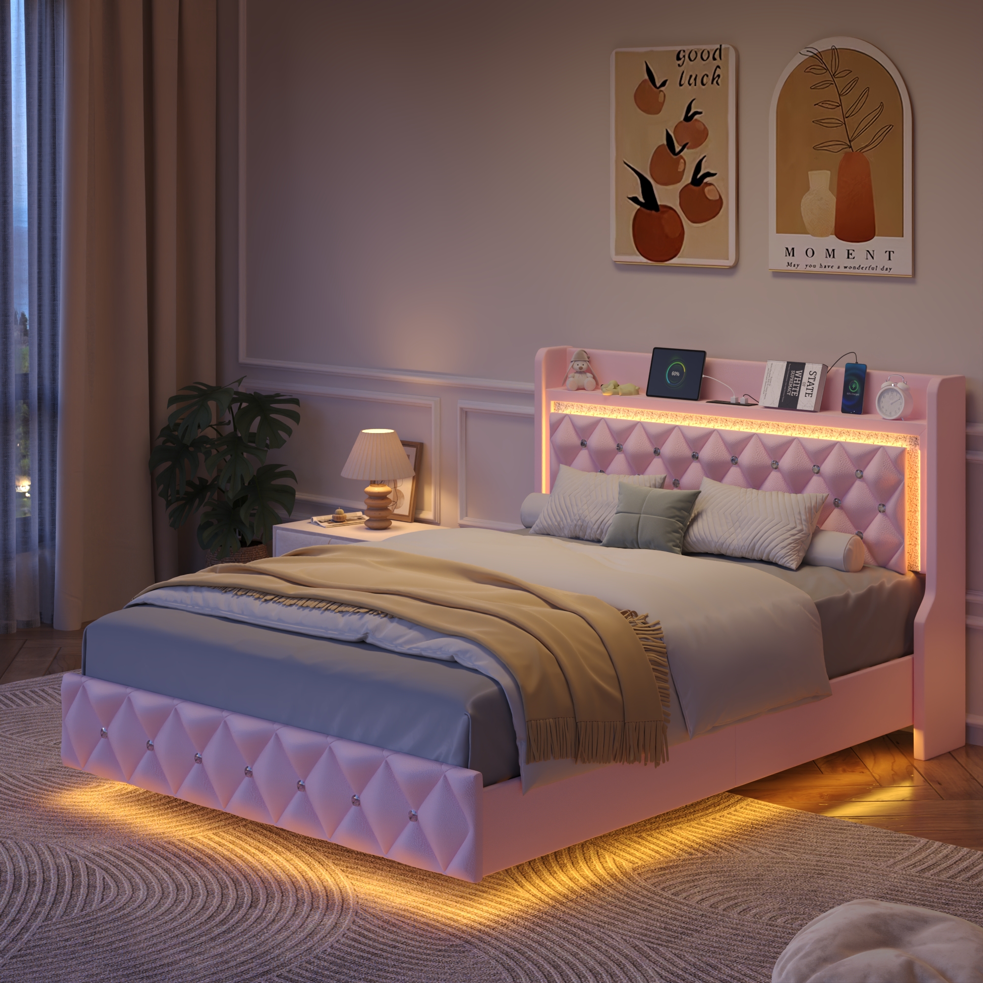 Blotout Floating Bed Frame with LED Lights&Power Outlet, Upholstered Pu Leather Platform Bed with Diamond Tufted Storage Headboard & Footboard, No Box Spring Needed, Noise Free