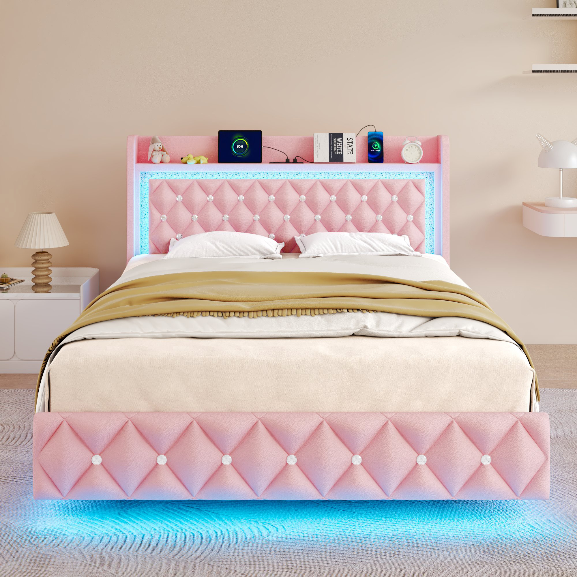 Blotout Floating Bed Frame with LED Lights&Power Outlet, Upholstered Pu Leather Platform Bed with Diamond Tufted Storage Headboard & Footboard, No Box Spring Needed, Noise Free