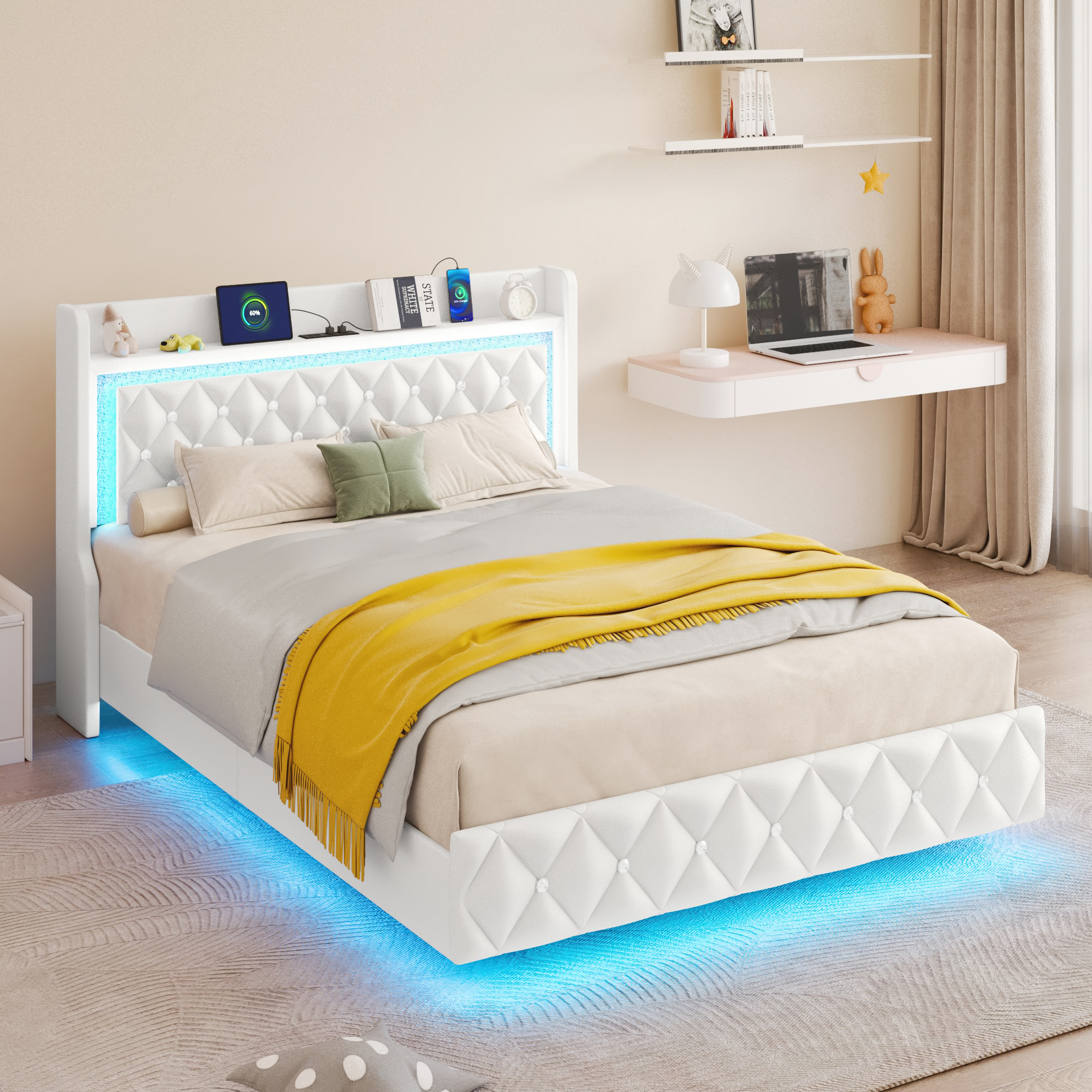 Blotout Floating Bed Frame with LED Lights&Power Outlet, Upholstered Pu Leather Platform Bed with Diamond Tufted Storage Headboard & Footboard, No Box Spring Needed, Noise Free