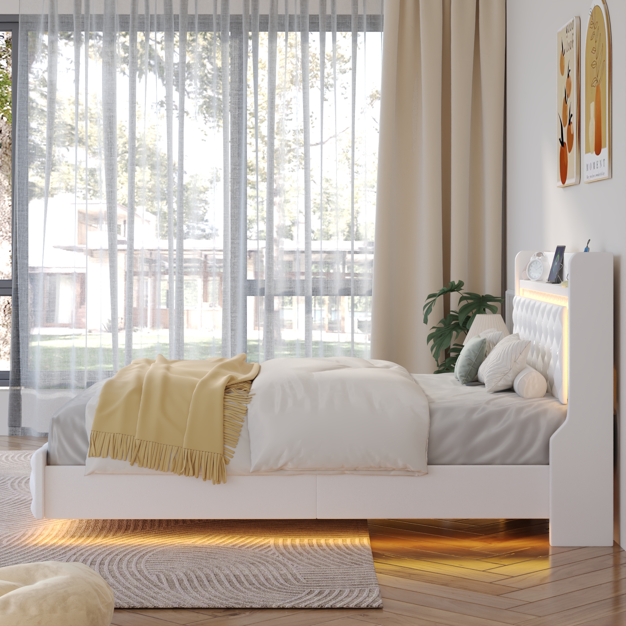 Blotout Floating Bed Frame with LED Lights&Power Outlet, Upholstered Pu Leather Platform Bed with Diamond Tufted Storage Headboard & Footboard, No Box Spring Needed, Noise Free