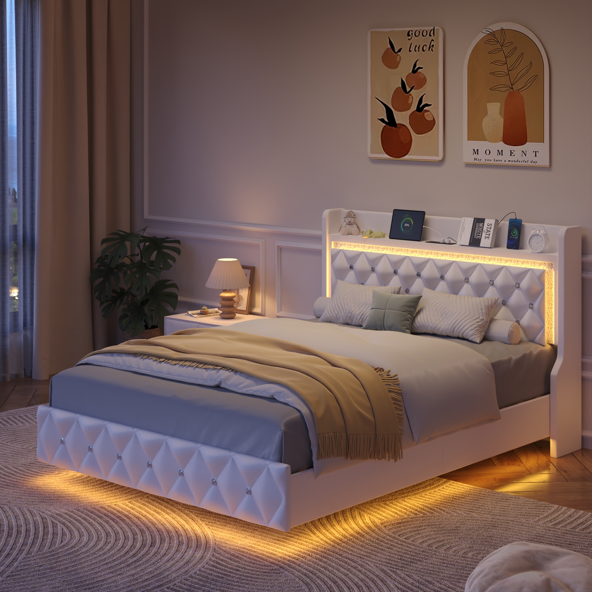 Blotout Floating Bed Frame with LED Lights&Power Outlet, Upholstered Pu Leather Platform Bed with Diamond Tufted Storage Headboard & Footboard, No Box Spring Needed, Noise Free