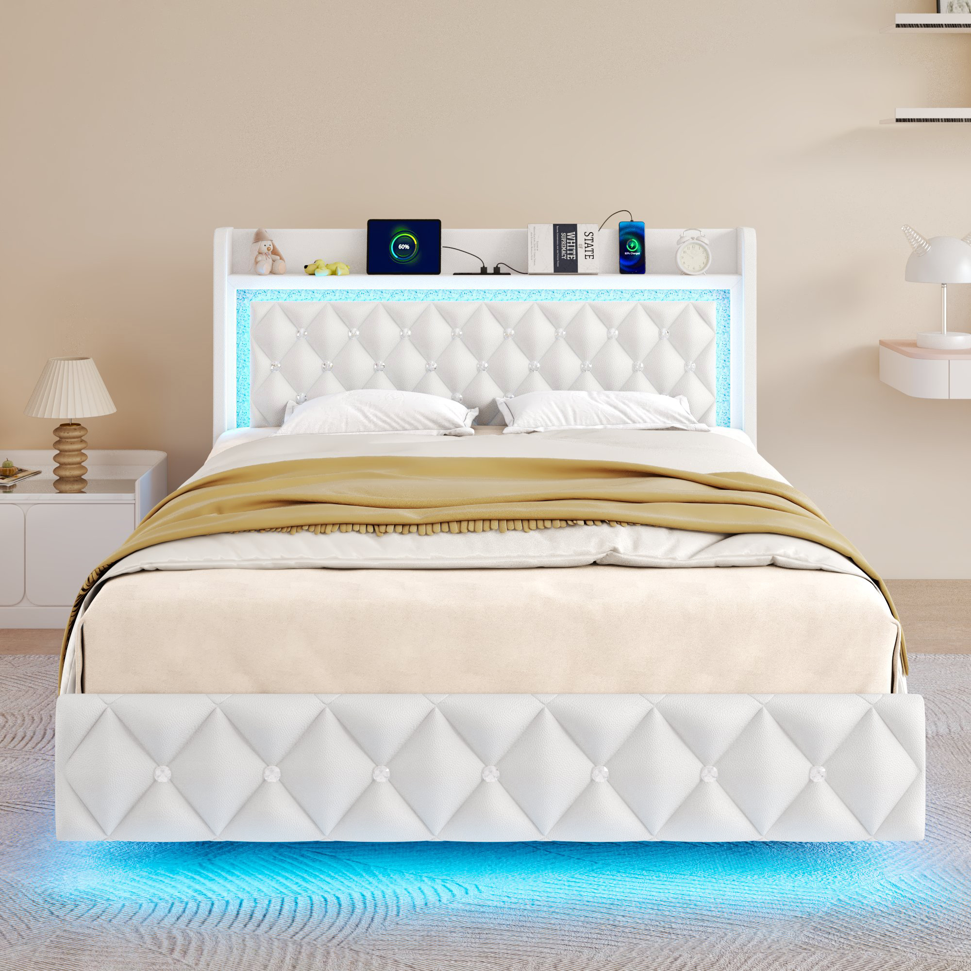 Blotout Floating Bed Frame with LED Lights&Power Outlet, Upholstered Pu Leather Platform Bed with Diamond Tufted Storage Headboard & Footboard, No Box Spring Needed, Noise Free