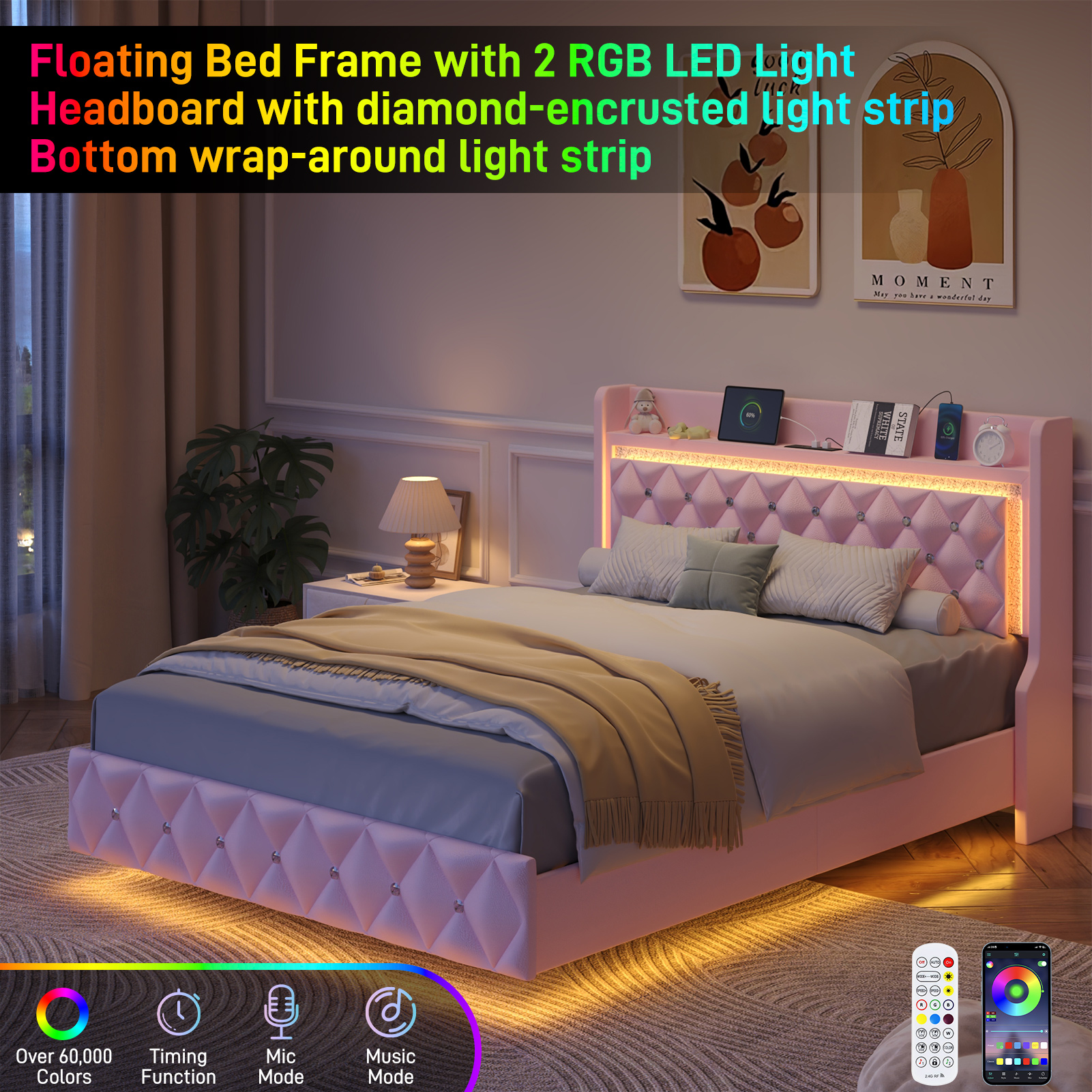 Blotout Floating Bed Frame with LED Lights&Power Outlet, Upholstered Pu Leather Platform Bed with Diamond Tufted Storage Headboard & Footboard, No Box Spring Needed, Noise Free