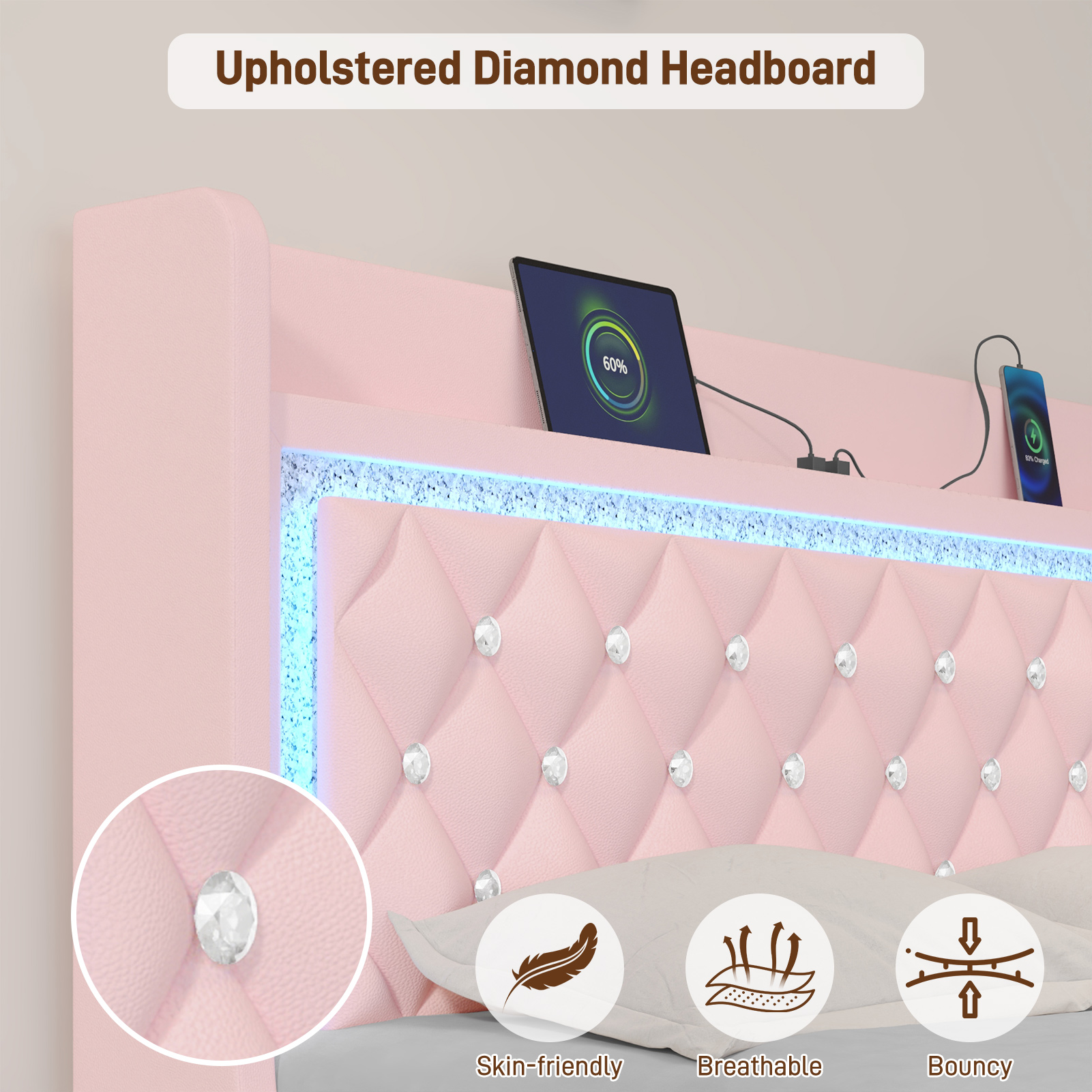 Blotout Floating Bed Frame with LED Lights&Power Outlet, Upholstered Pu Leather Platform Bed with Diamond Tufted Storage Headboard & Footboard, No Box Spring Needed, Noise Free