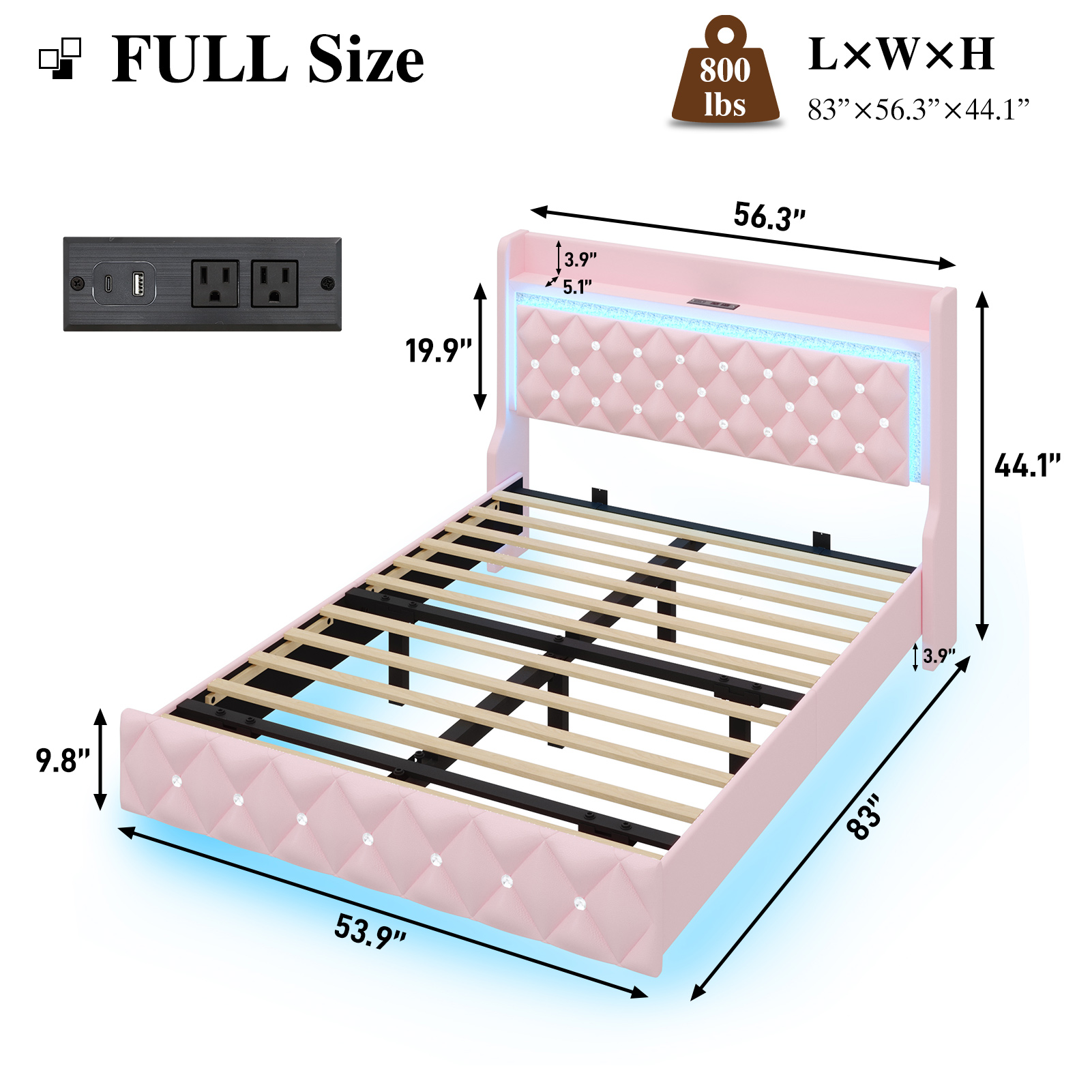 Blotout Floating Bed Frame with LED Lights&Power Outlet, Upholstered Pu Leather Platform Bed with Diamond Tufted Storage Headboard & Footboard, No Box Spring Needed, Noise Free