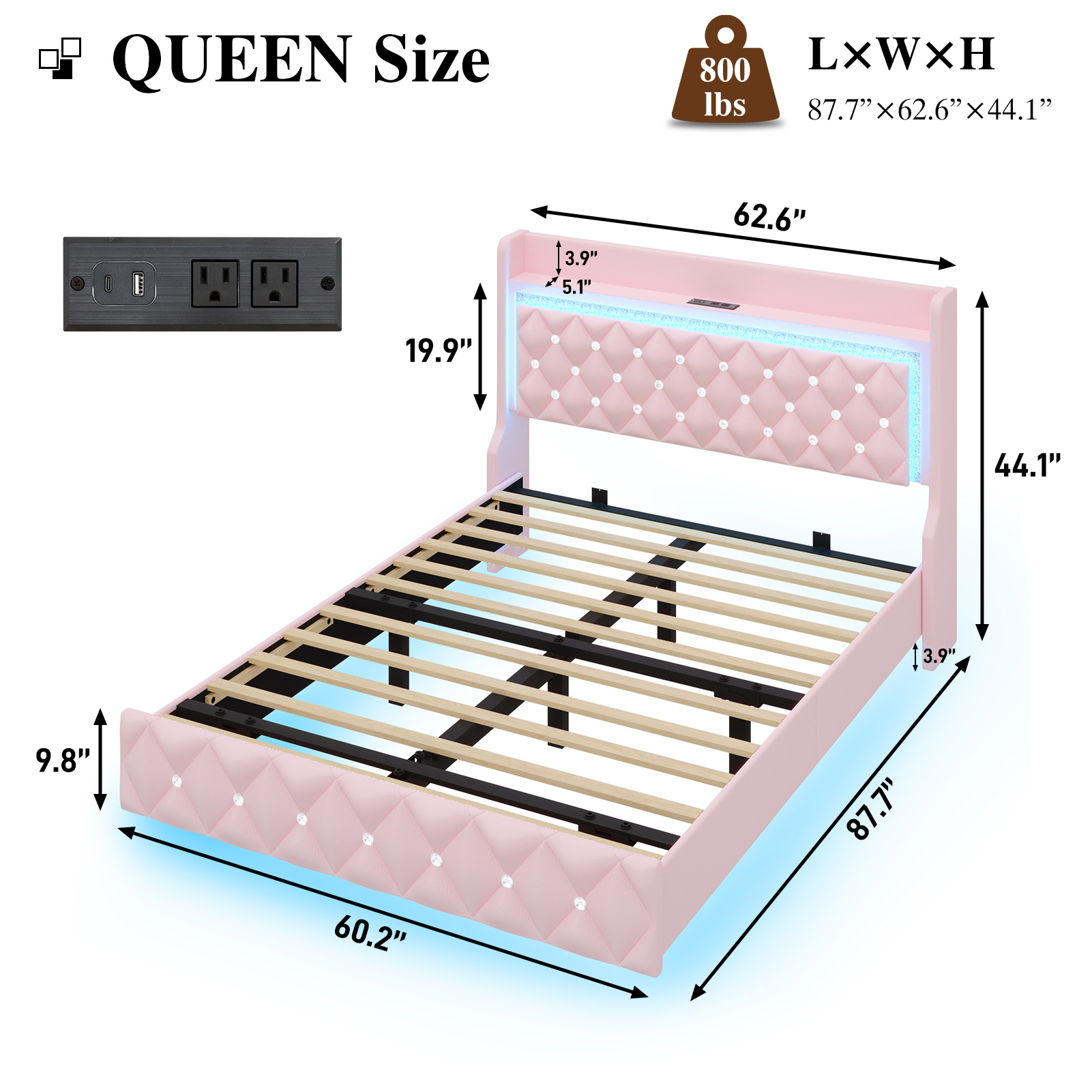Blotout Floating Bed Frame with LED Lights&Power Outlet, Upholstered Pu Leather Platform Bed with Diamond Tufted Storage Headboard & Footboard, No Box Spring Needed, Noise Free
