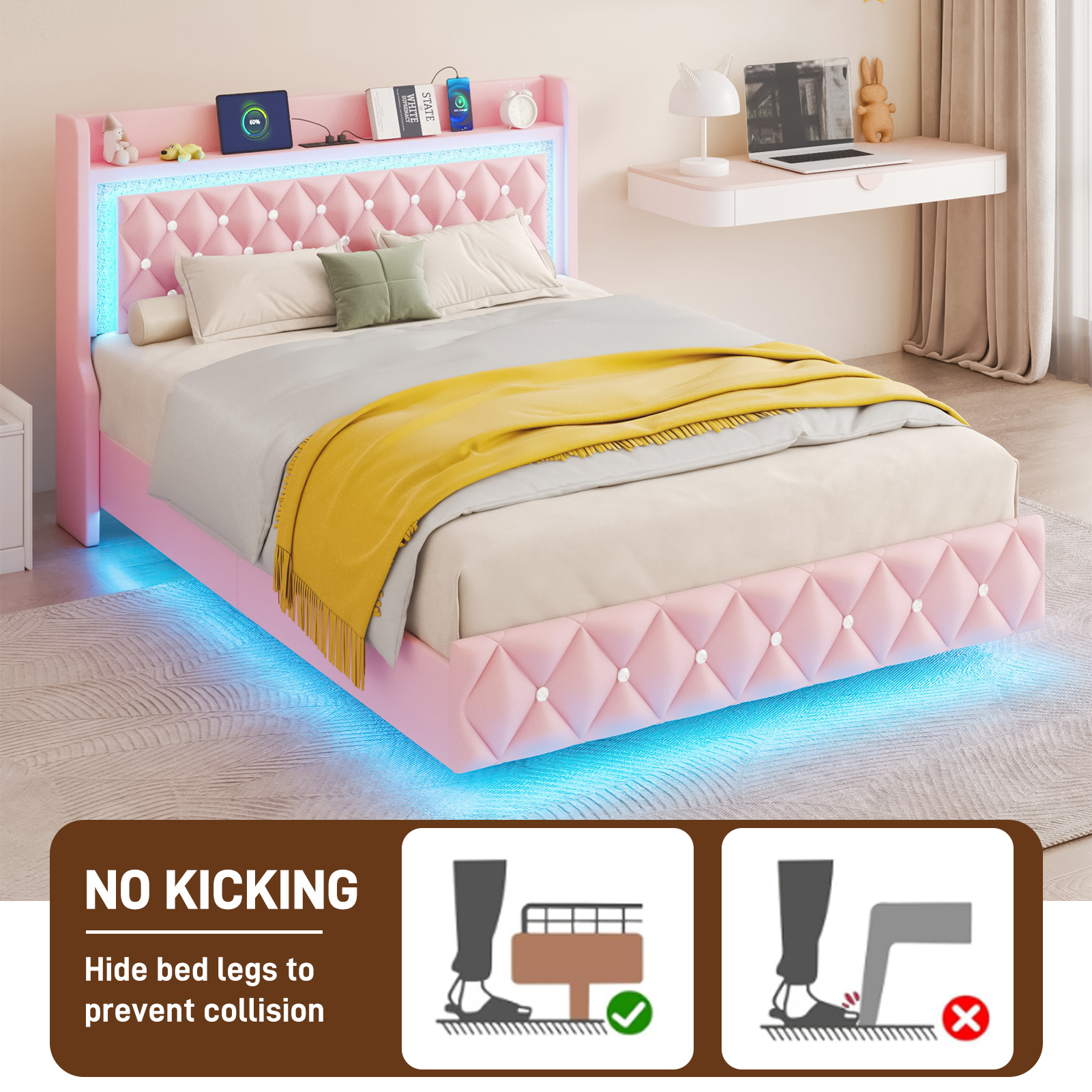 Blotout Floating Bed Frame with LED Lights&Power Outlet, Upholstered Pu Leather Platform Bed with Diamond Tufted Storage Headboard & Footboard, No Box Spring Needed, Noise Free