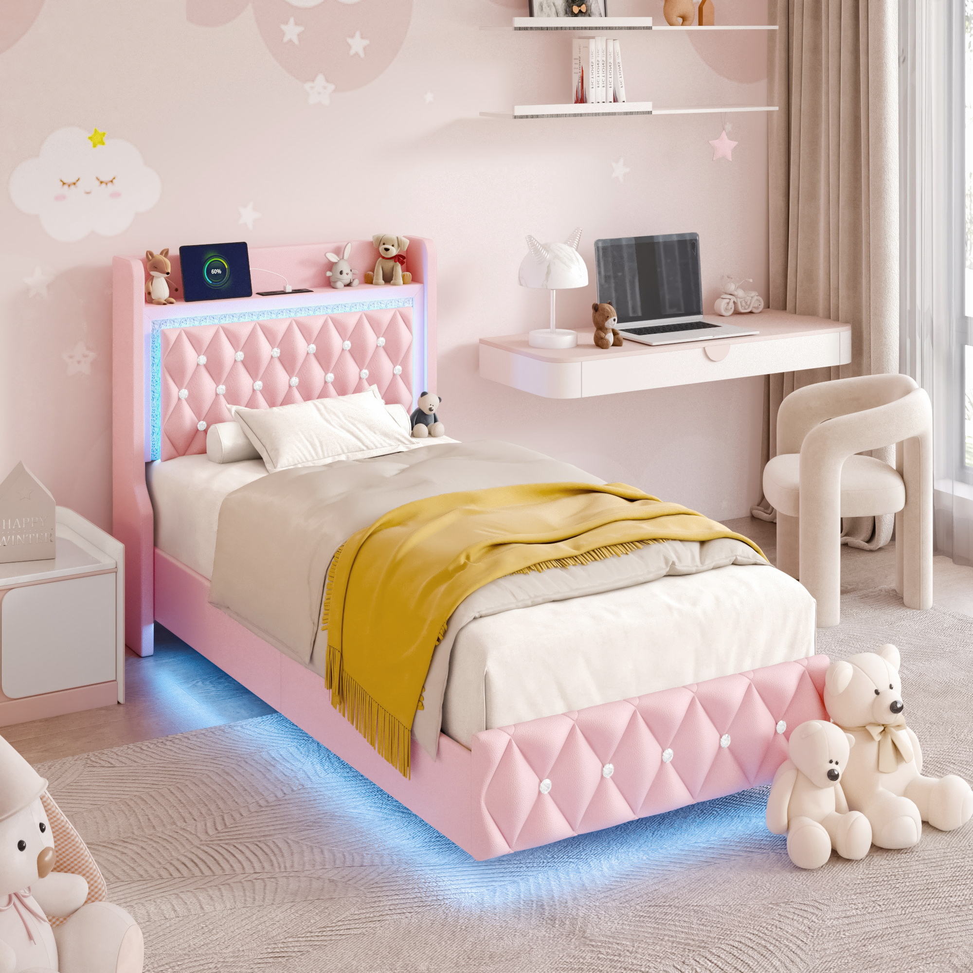 Blotout Floating Bed Frame with LED Lights&Power Outlet, Upholstered Pu Leather Platform Bed with Diamond Tufted Storage Headboard & Footboard, No Box Spring Needed, Noise Free