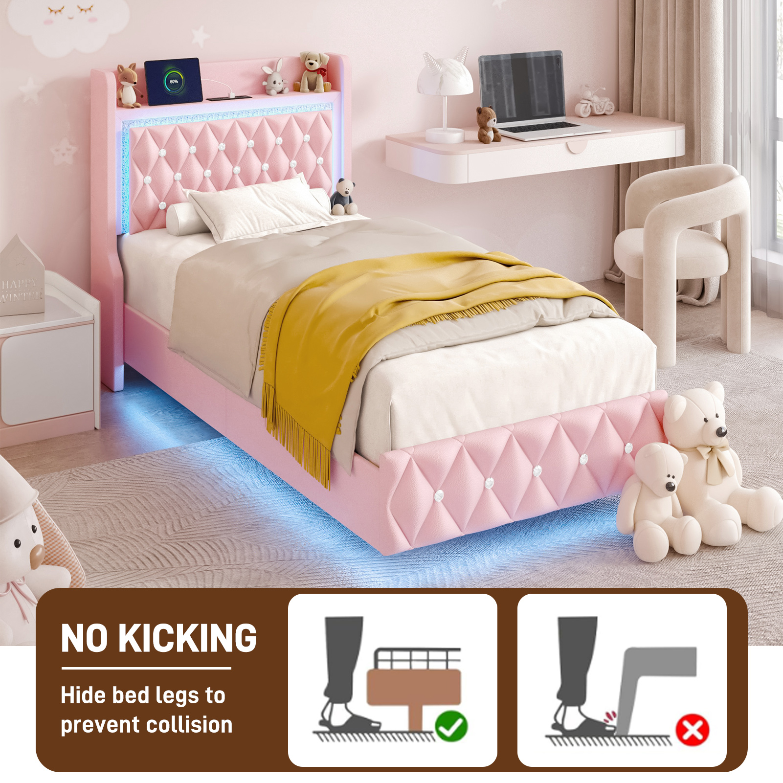 Blotout Floating Bed Frame with LED Lights&Power Outlet, Upholstered Pu Leather Platform Bed with Diamond Tufted Storage Headboard & Footboard, No Box Spring Needed, Noise Free