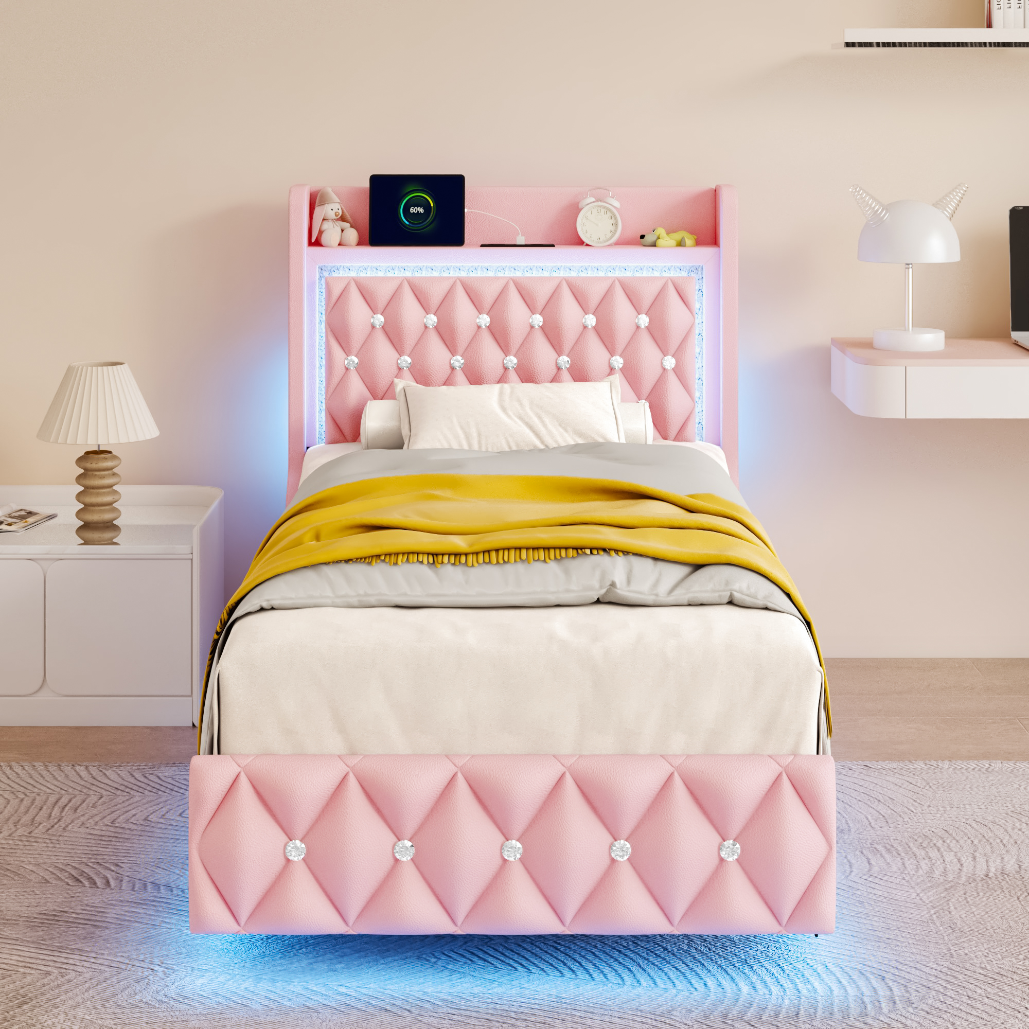 Blotout Floating Bed Frame with LED Lights&Power Outlet, Upholstered Pu Leather Platform Bed with Diamond Tufted Storage Headboard & Footboard, No Box Spring Needed, Noise Free