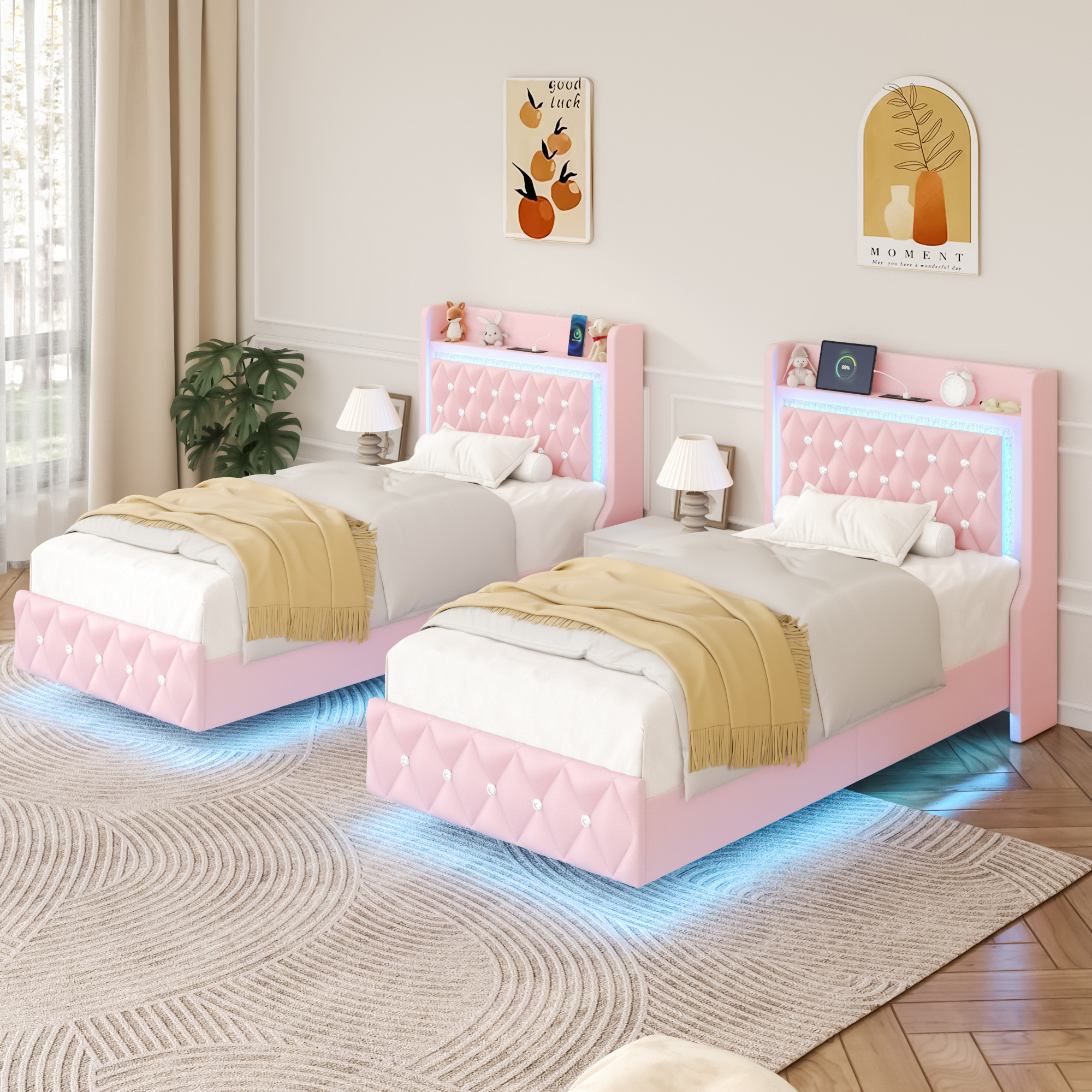 Blotout Floating Bed Frame with LED Lights&Power Outlet, Upholstered Pu Leather Platform Bed with Diamond Tufted Storage Headboard & Footboard, No Box Spring Needed, Noise Free