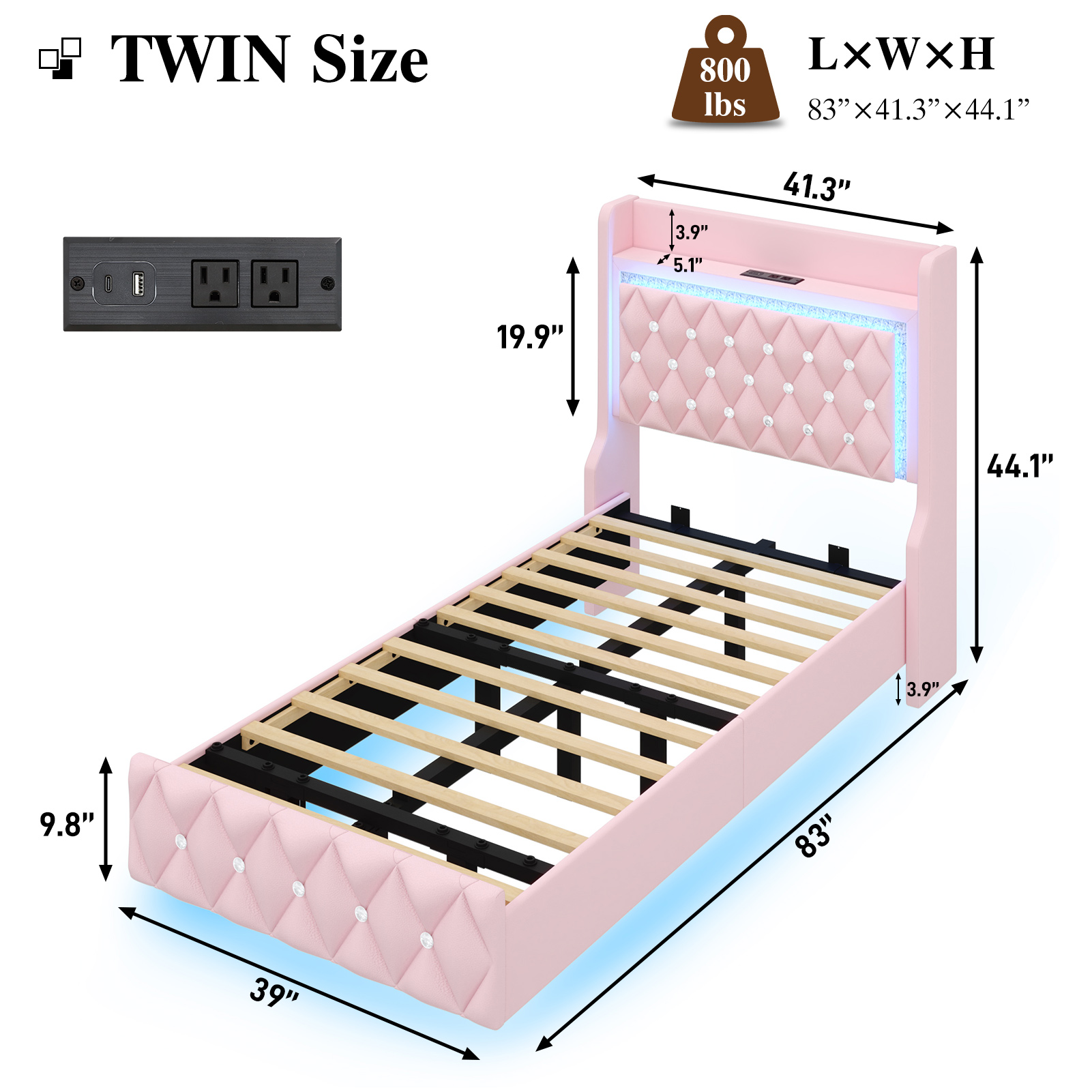 Blotout Floating Bed Frame with LED Lights&Power Outlet, Upholstered Pu Leather Platform Bed with Diamond Tufted Storage Headboard & Footboard, No Box Spring Needed, Noise Free