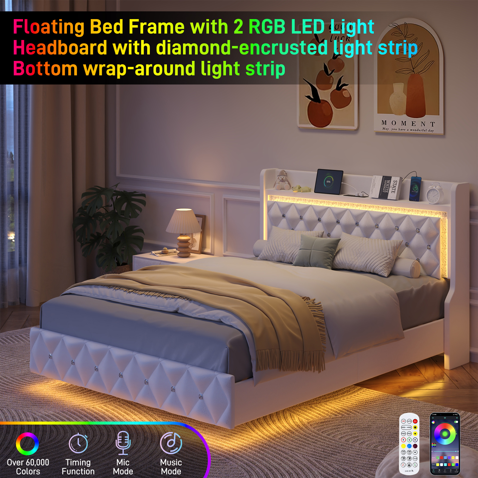 Blotout Floating Bed Frame with LED Lights&Power Outlet, Upholstered Pu Leather Platform Bed with Diamond Tufted Storage Headboard & Footboard, No Box Spring Needed, Noise Free