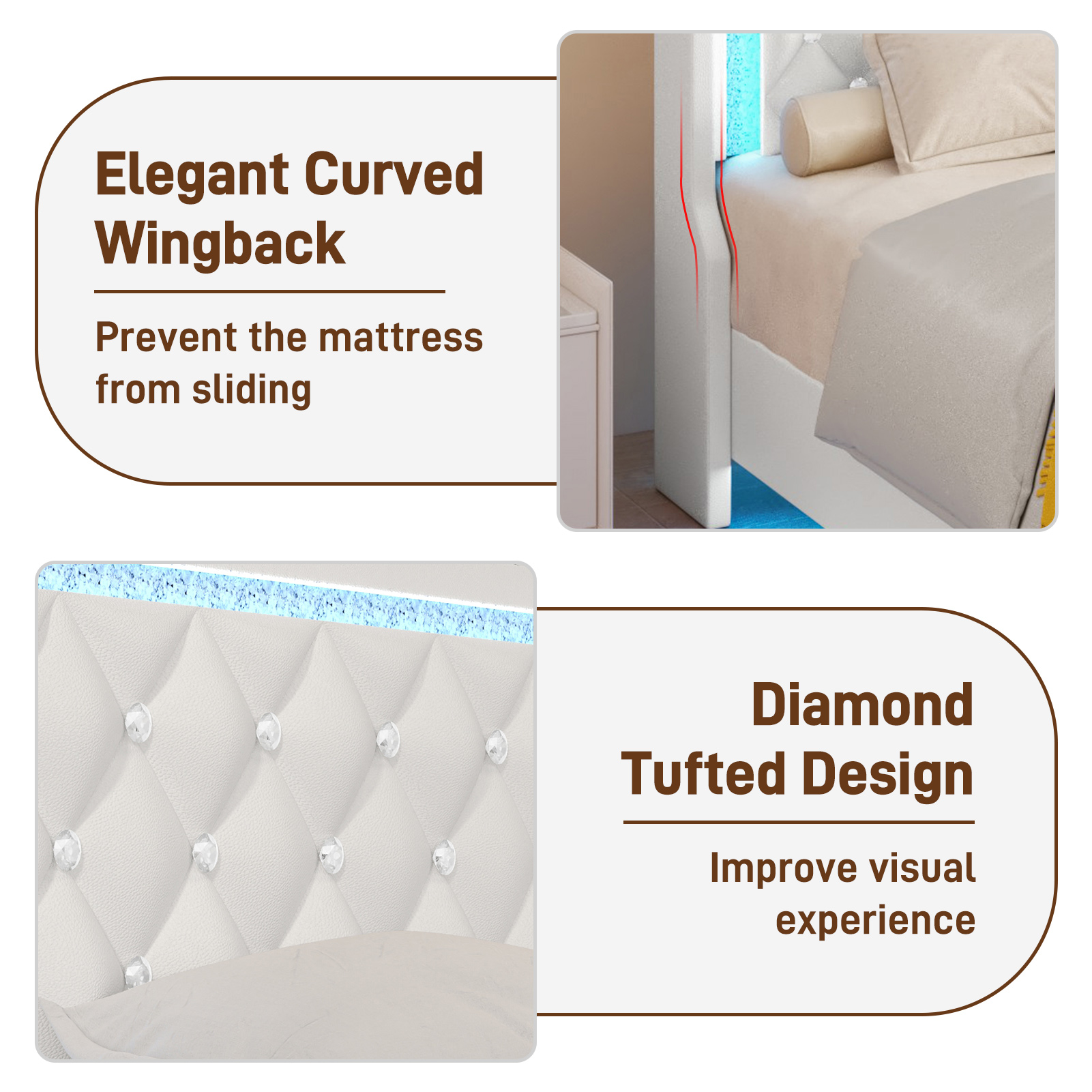 Blotout Floating Bed Frame with LED Lights&Power Outlet, Upholstered Pu Leather Platform Bed with Diamond Tufted Storage Headboard & Footboard, No Box Spring Needed, Noise Free