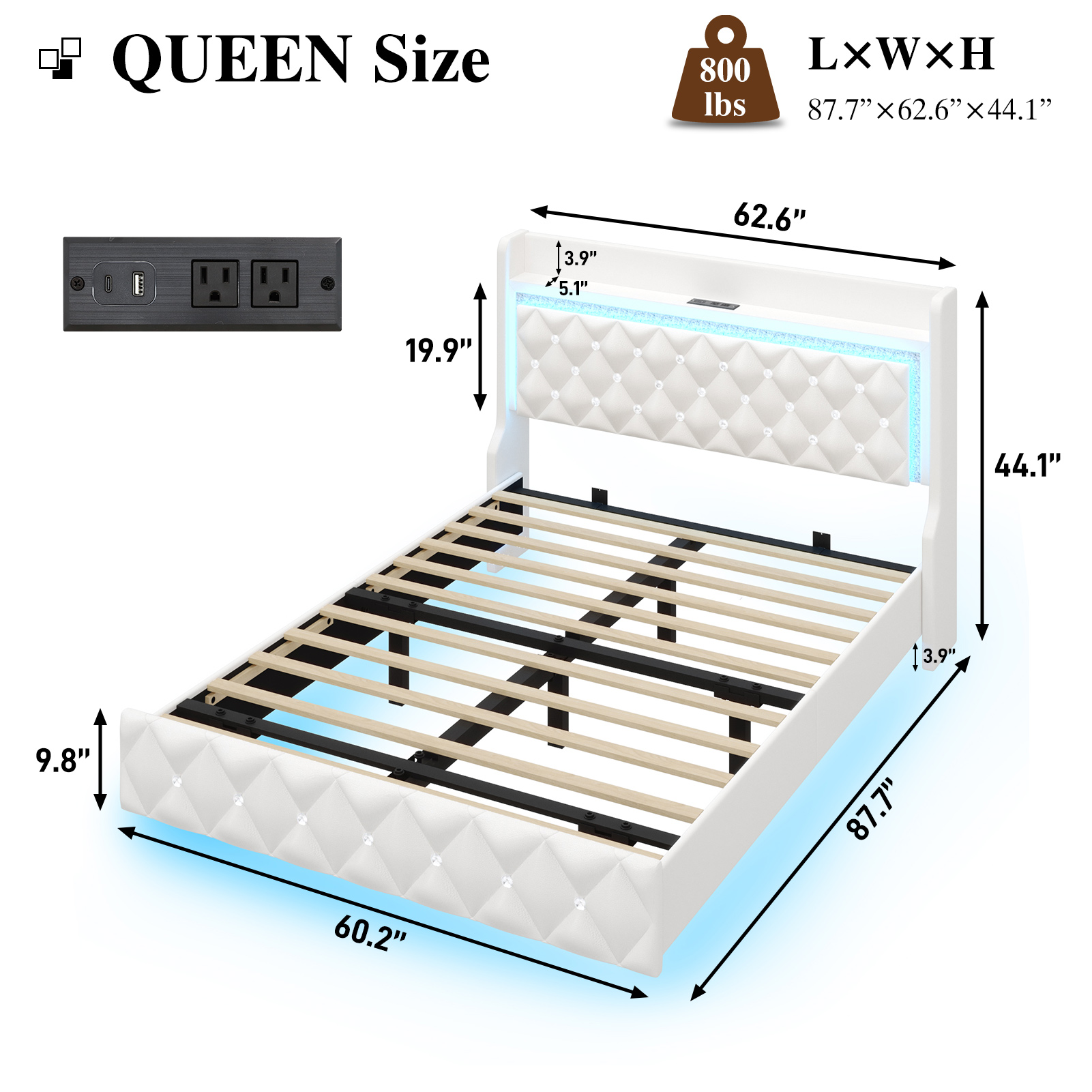 Blotout Floating Bed Frame with LED Lights&Power Outlet, Upholstered Pu Leather Platform Bed with Diamond Tufted Storage Headboard & Footboard, No Box Spring Needed, Noise Free