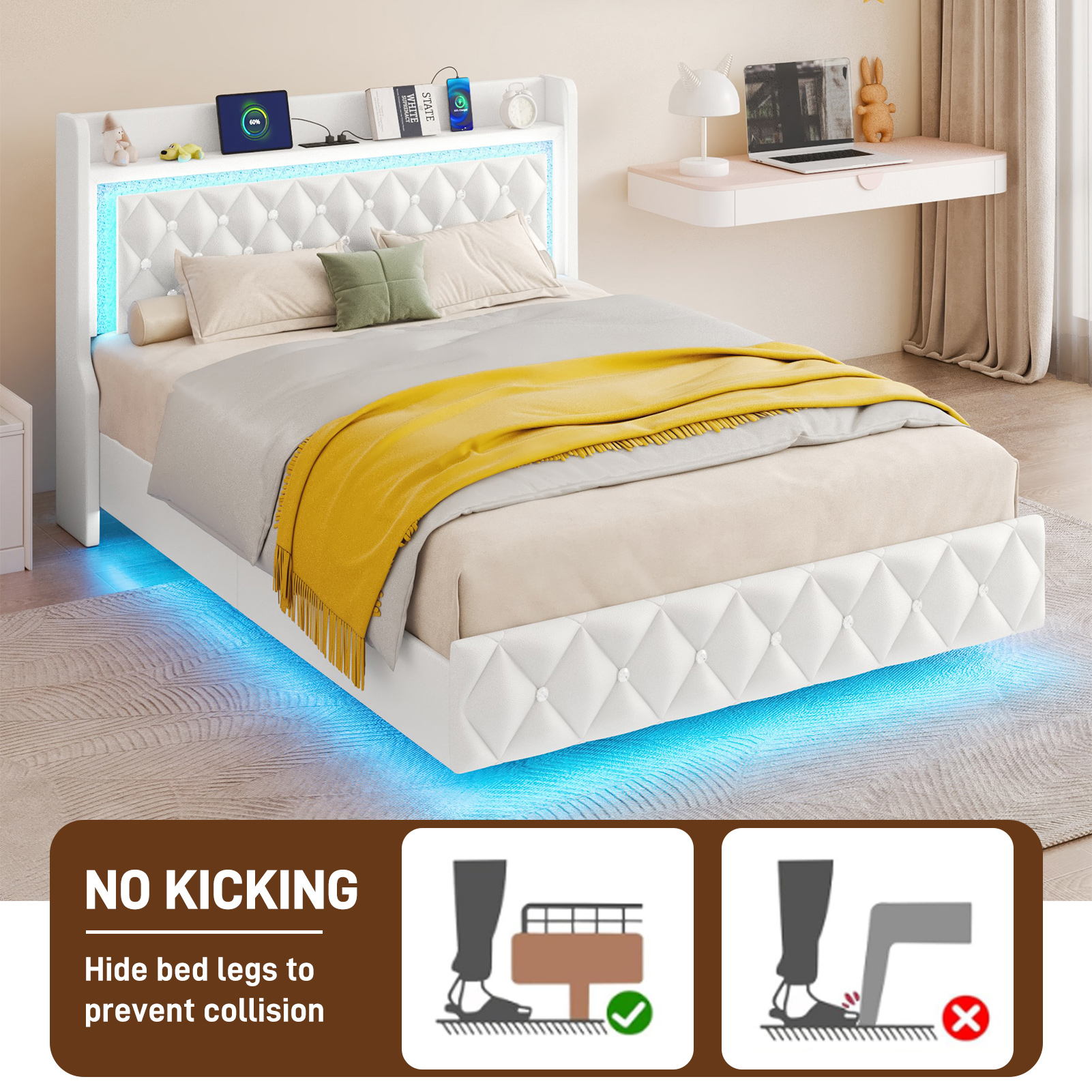 Blotout Floating Bed Frame with LED Lights&Power Outlet, Upholstered Pu Leather Platform Bed with Diamond Tufted Storage Headboard & Footboard, No Box Spring Needed, Noise Free