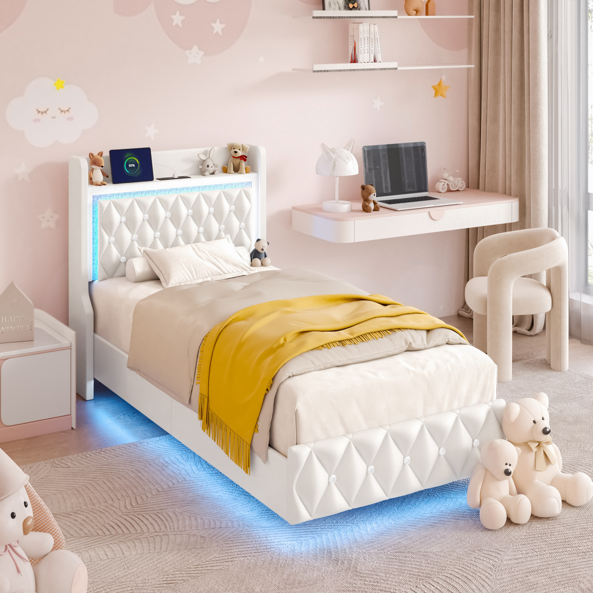 Blotout Floating Bed Frame with LED Lights&Power Outlet, Upholstered Pu Leather Platform Bed with Diamond Tufted Storage Headboard & Footboard, No Box Spring Needed, Noise Free