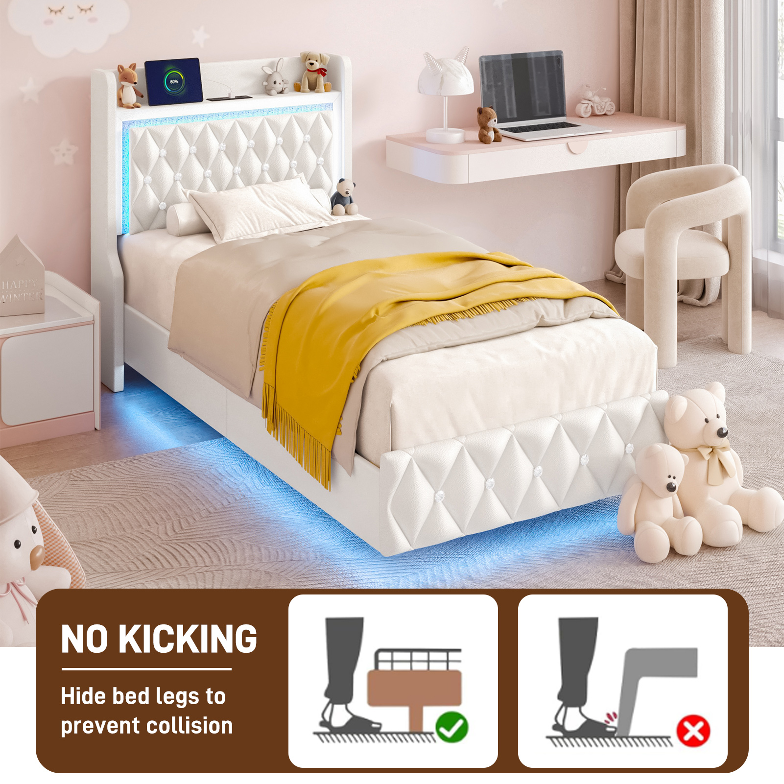 Blotout Floating Bed Frame with LED Lights&Power Outlet, Upholstered Pu Leather Platform Bed with Diamond Tufted Storage Headboard & Footboard, No Box Spring Needed, Noise Free