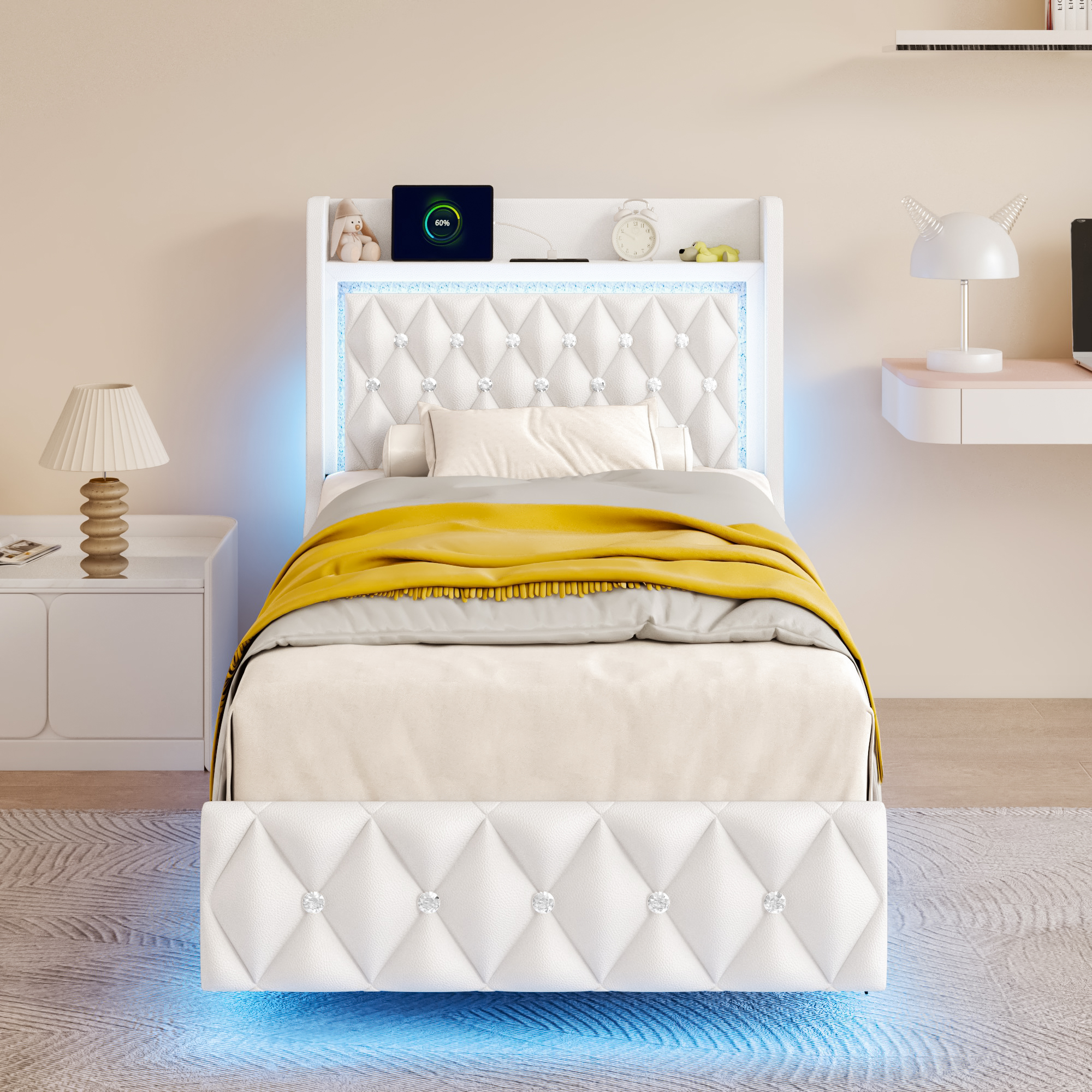 Blotout Floating Bed Frame with LED Lights&Power Outlet, Upholstered Pu Leather Platform Bed with Diamond Tufted Storage Headboard & Footboard, No Box Spring Needed, Noise Free