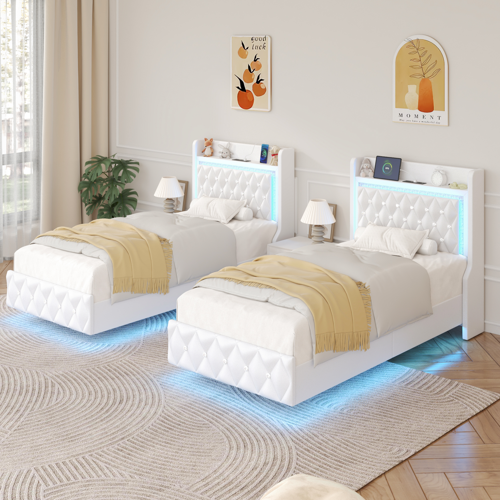 Blotout Floating Bed Frame with LED Lights&Power Outlet, Upholstered Pu Leather Platform Bed with Diamond Tufted Storage Headboard & Footboard, No Box Spring Needed, Noise Free