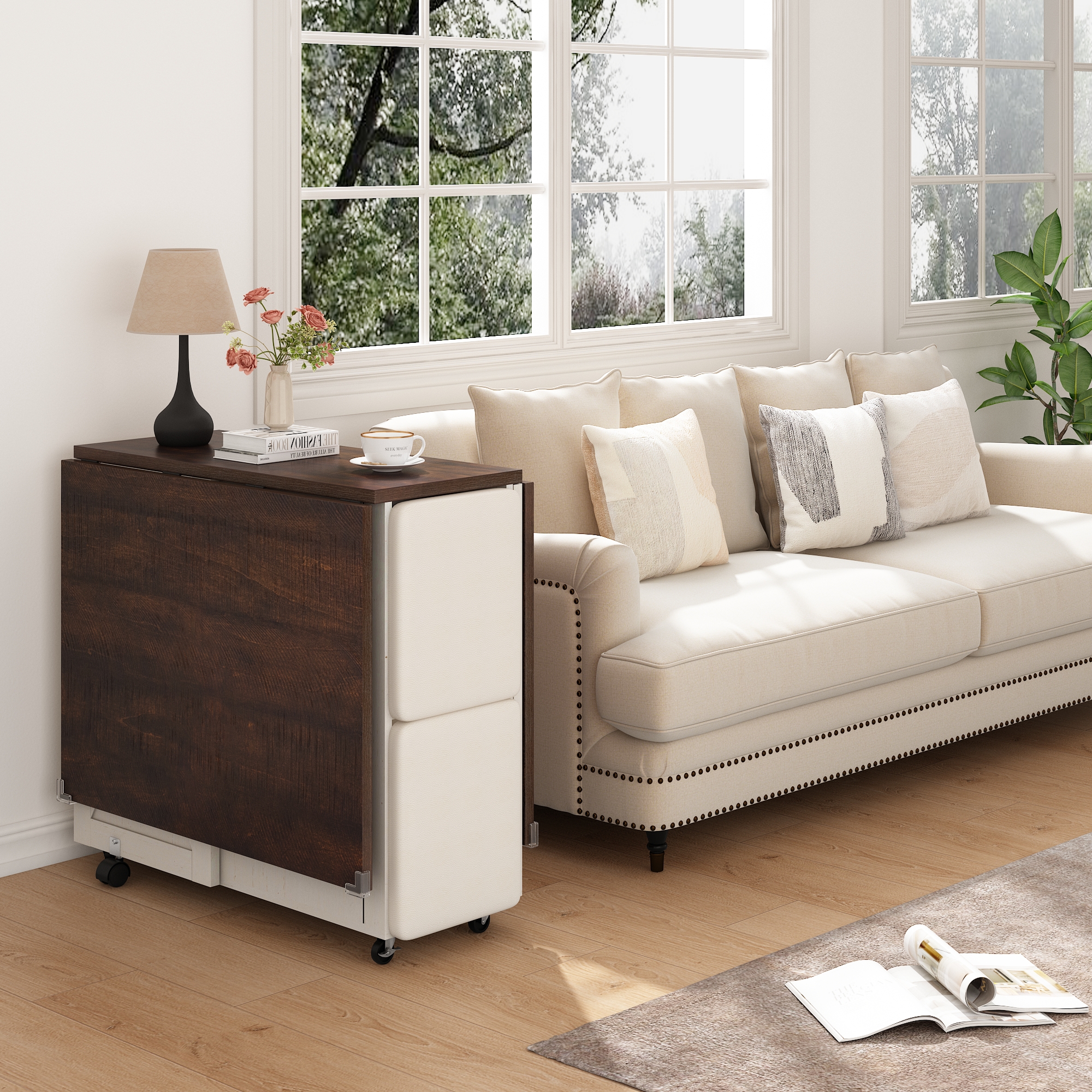 Blotout 5 Pieces Folding Dining Table Set for 4 with 4 Leather Chairs, 60'' Drop Leaf Table Set with Storage Racks & Wheels, Multifunction Kitchen Table Extension Dinner Table Set for Small Space