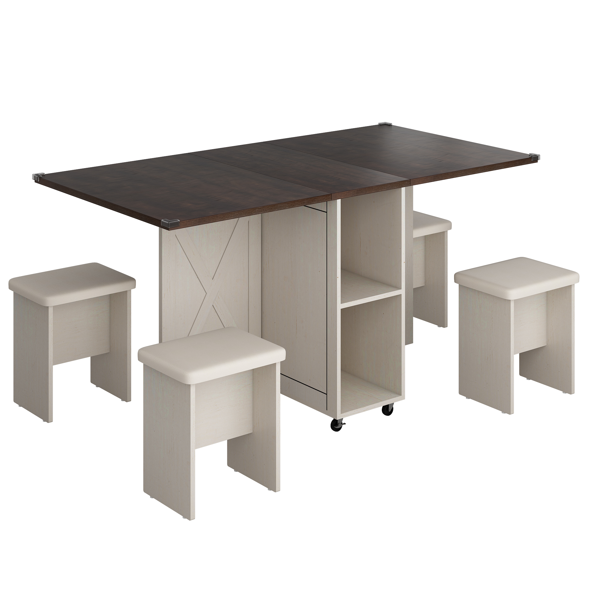 Blotout 5 Pieces Folding Dining Table Set for 4 with 4 Leather Chairs, 60'' Drop Leaf Table Set with Storage Racks & Wheels, Multifunction Kitchen Table Extension Dinner Table Set for Small Space