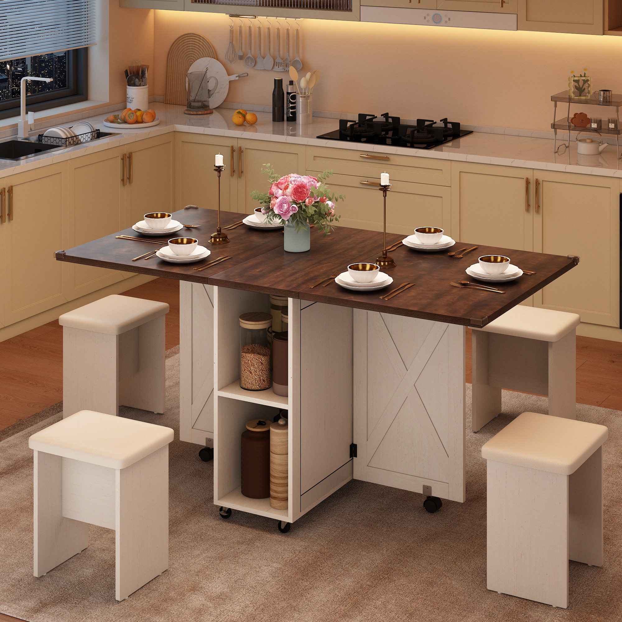 Blotout 5 Pieces Folding Dining Table Set for 4 with 4 Leather Chairs, 60'' Drop Leaf Table Set with Storage Racks & Wheels, Multifunction Kitchen Table Extension Dinner Table Set for Small Space