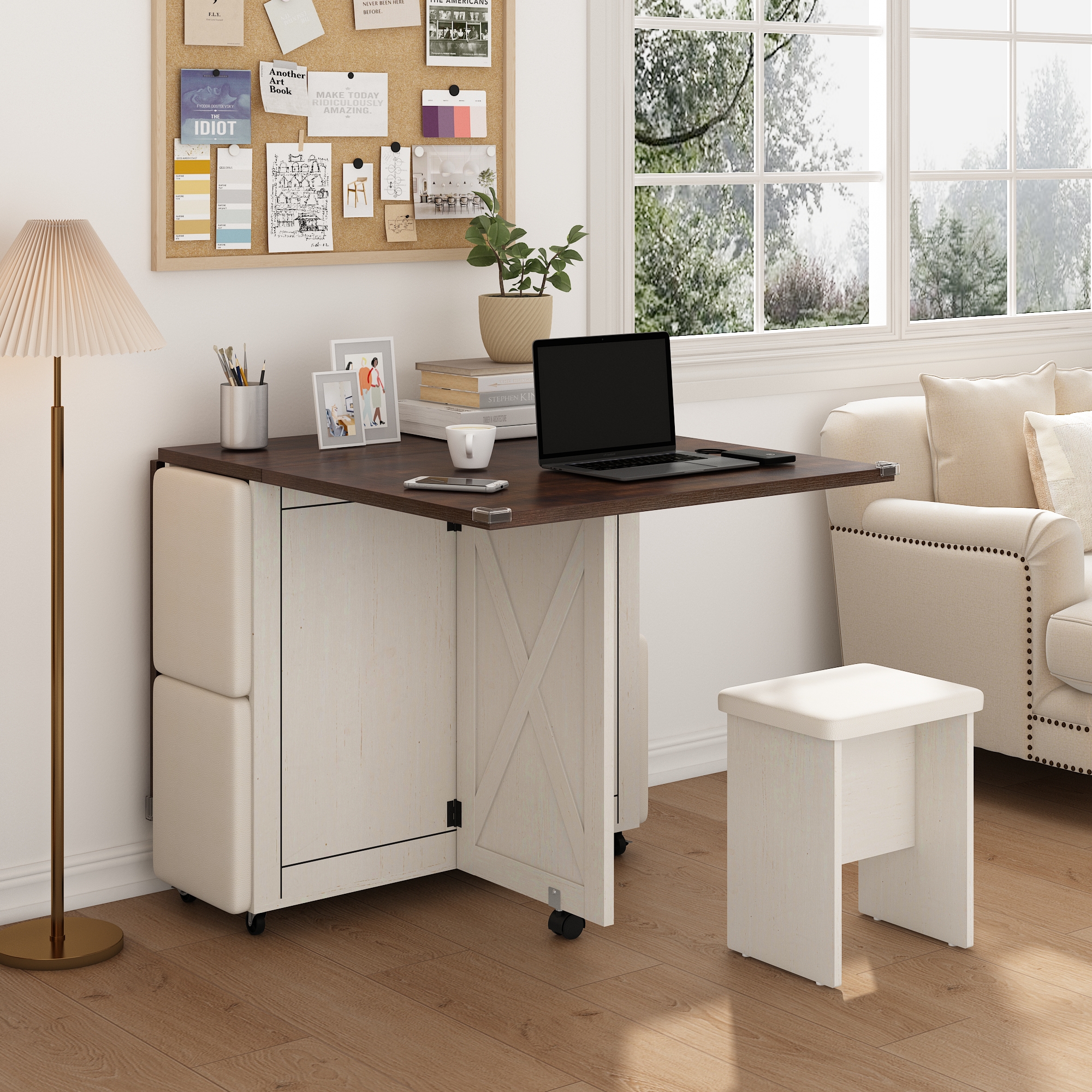 Blotout 5 Pieces Folding Dining Table Set for 4 with 4 Leather Chairs, 60'' Drop Leaf Table Set with Storage Racks & Wheels, Multifunction Kitchen Table Extension Dinner Table Set for Small Space