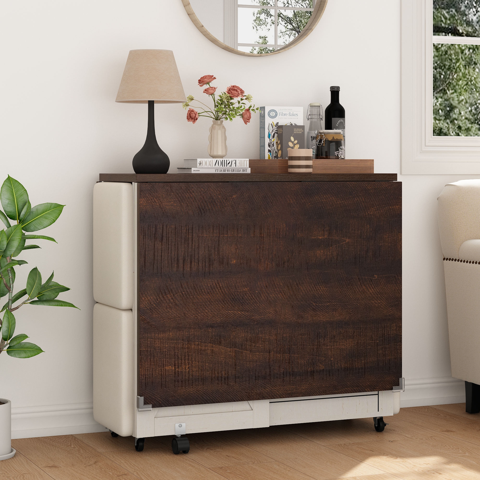 Blotout 5 Pieces Folding Dining Table Set for 4 with 4 Leather Chairs, 60'' Drop Leaf Table Set with Storage Racks & Wheels, Multifunction Kitchen Table Extension Dinner Table Set for Small Space