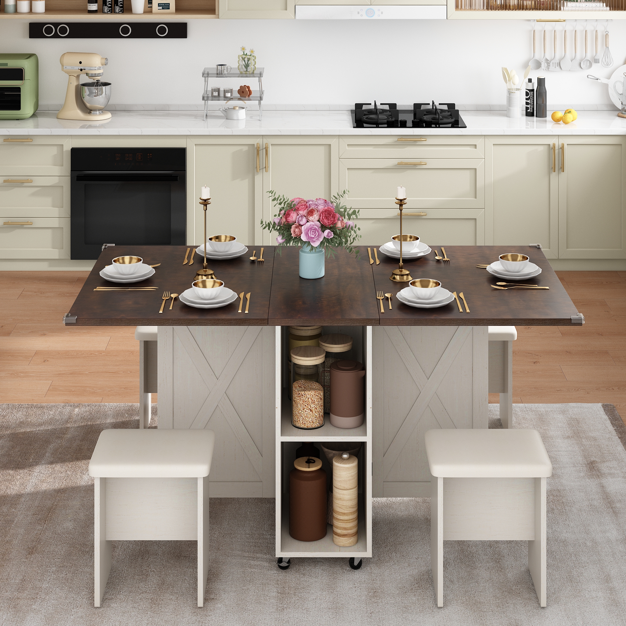 Blotout 5 Pieces Folding Dining Table Set for 4 with 4 Leather Chairs, 60'' Drop Leaf Table Set with Storage Racks & Wheels, Multifunction Kitchen Table Extension Dinner Table Set for Small Space