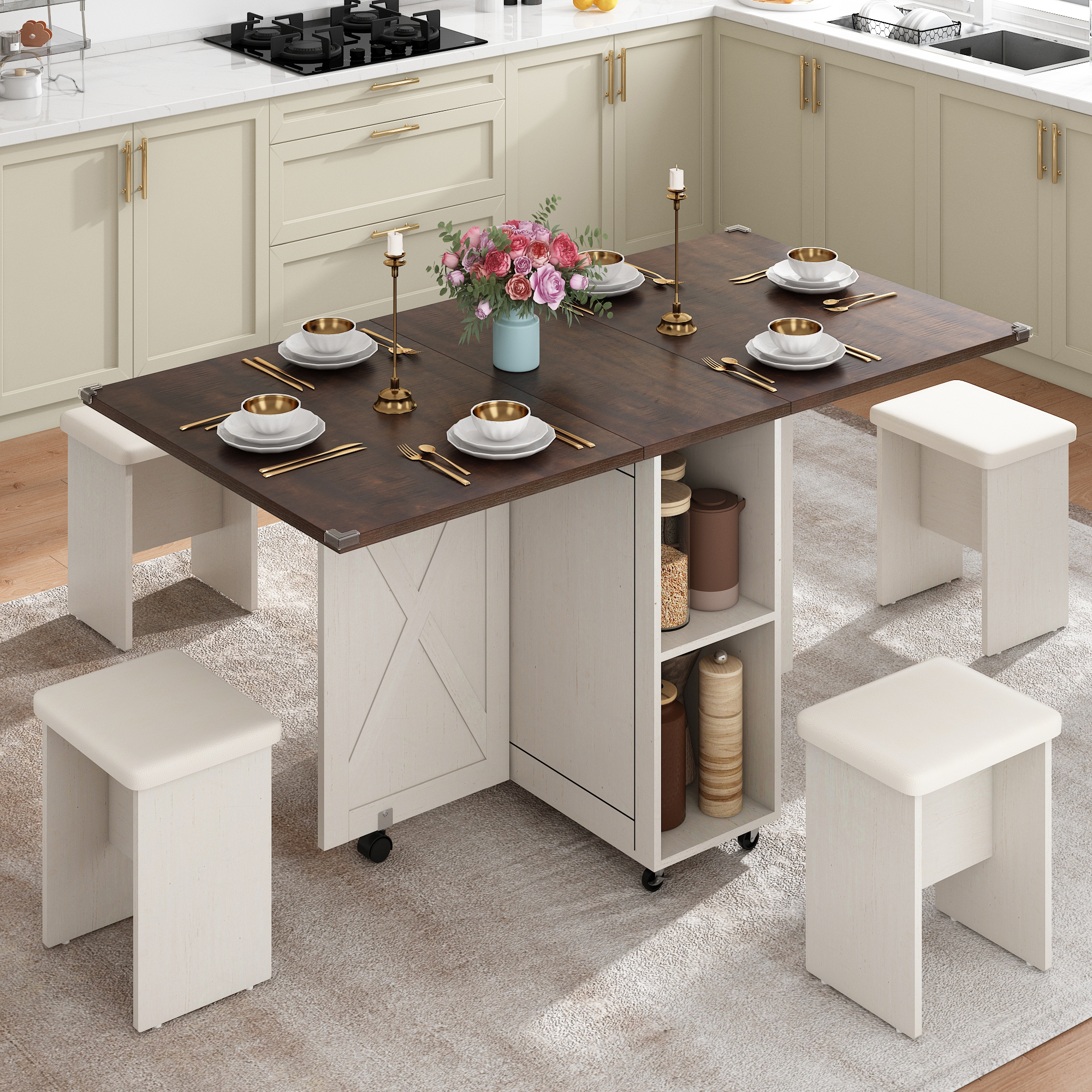 Blotout 5 Pieces Folding Dining Table Set for 4 with 4 Leather Chairs, 60'' Drop Leaf Table Set with Storage Racks & Wheels, Multifunction Kitchen Table Extension Dinner Table Set for Small Space