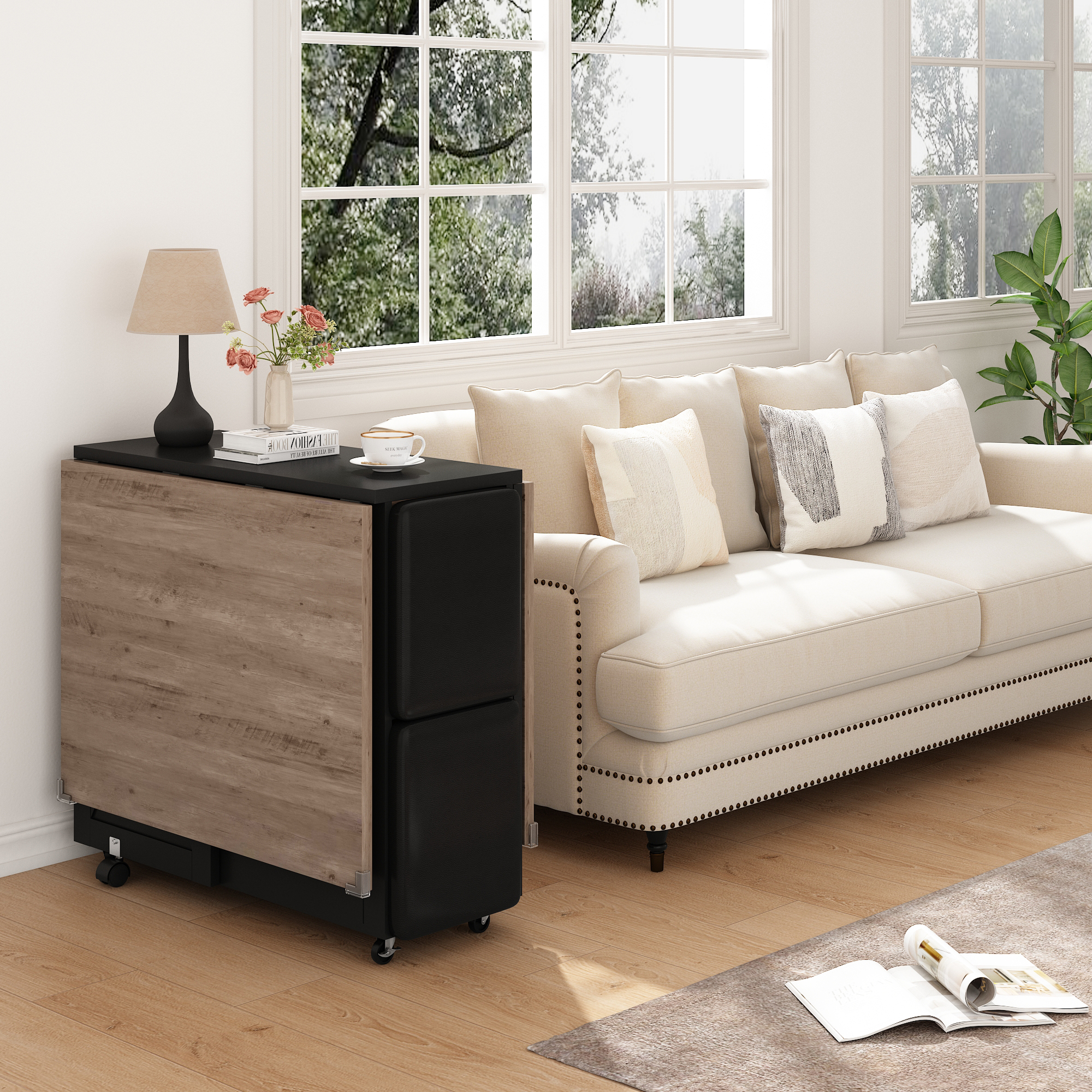 Blotout 5 Pieces Folding Dining Table Set for 4 with 4 Leather Chairs, 60'' Drop Leaf Table Set with Storage Racks & Wheels, Multifunction Kitchen Table Extension Dinner Table Set for Small Space