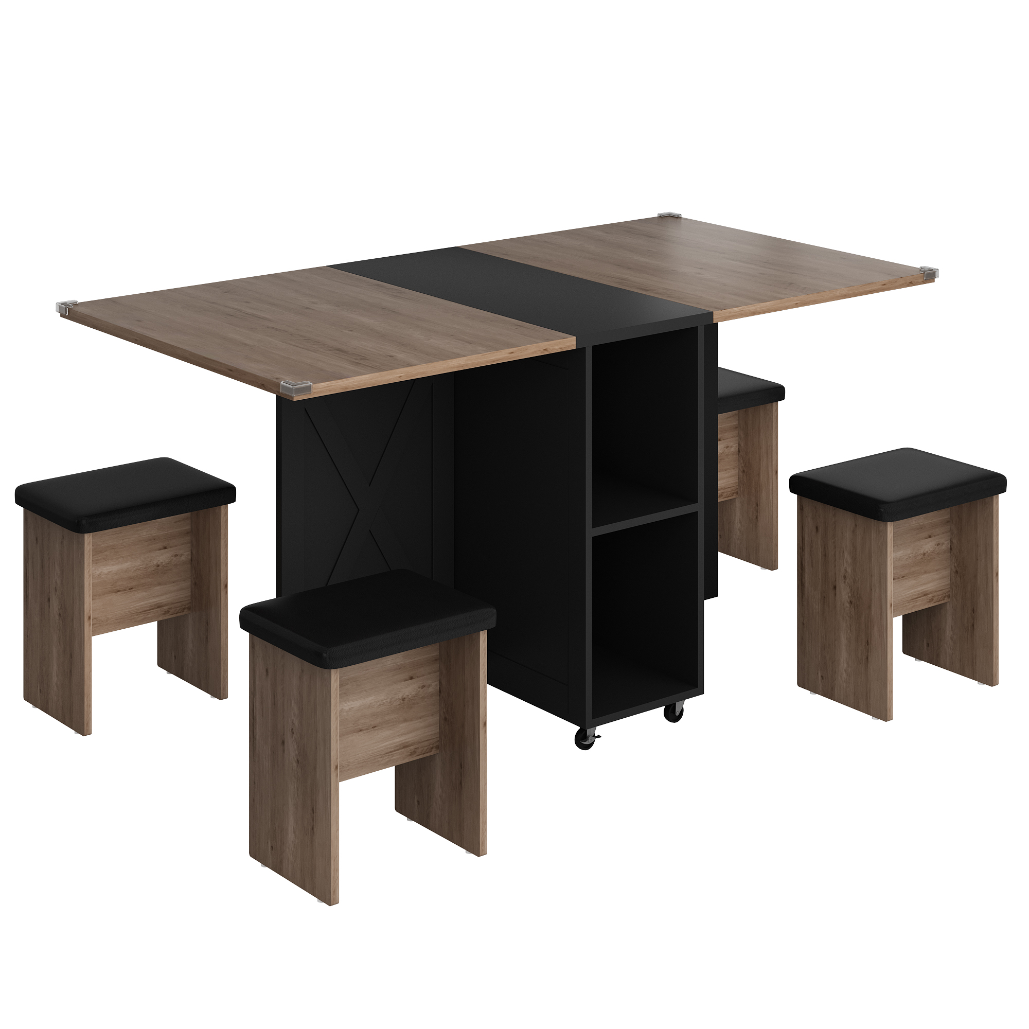 Blotout 5 Pieces Folding Dining Table Set for 4 with 4 Leather Chairs, 60'' Drop Leaf Table Set with Storage Racks & Wheels, Multifunction Kitchen Table Extension Dinner Table Set for Small Space