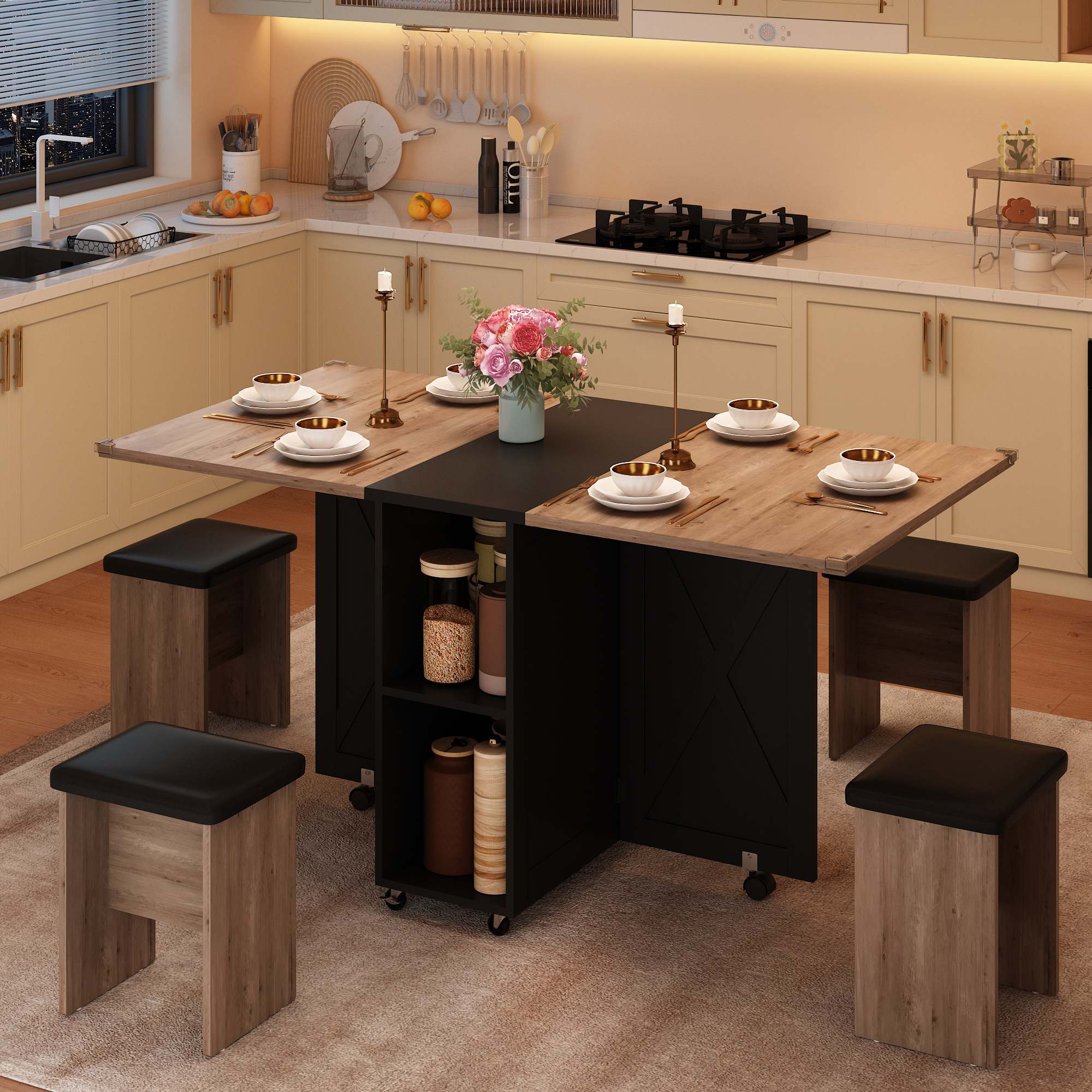 Blotout 5 Pieces Folding Dining Table Set for 4 with 4 Leather Chairs, 60'' Drop Leaf Table Set with Storage Racks & Wheels, Multifunction Kitchen Table Extension Dinner Table Set for Small Space