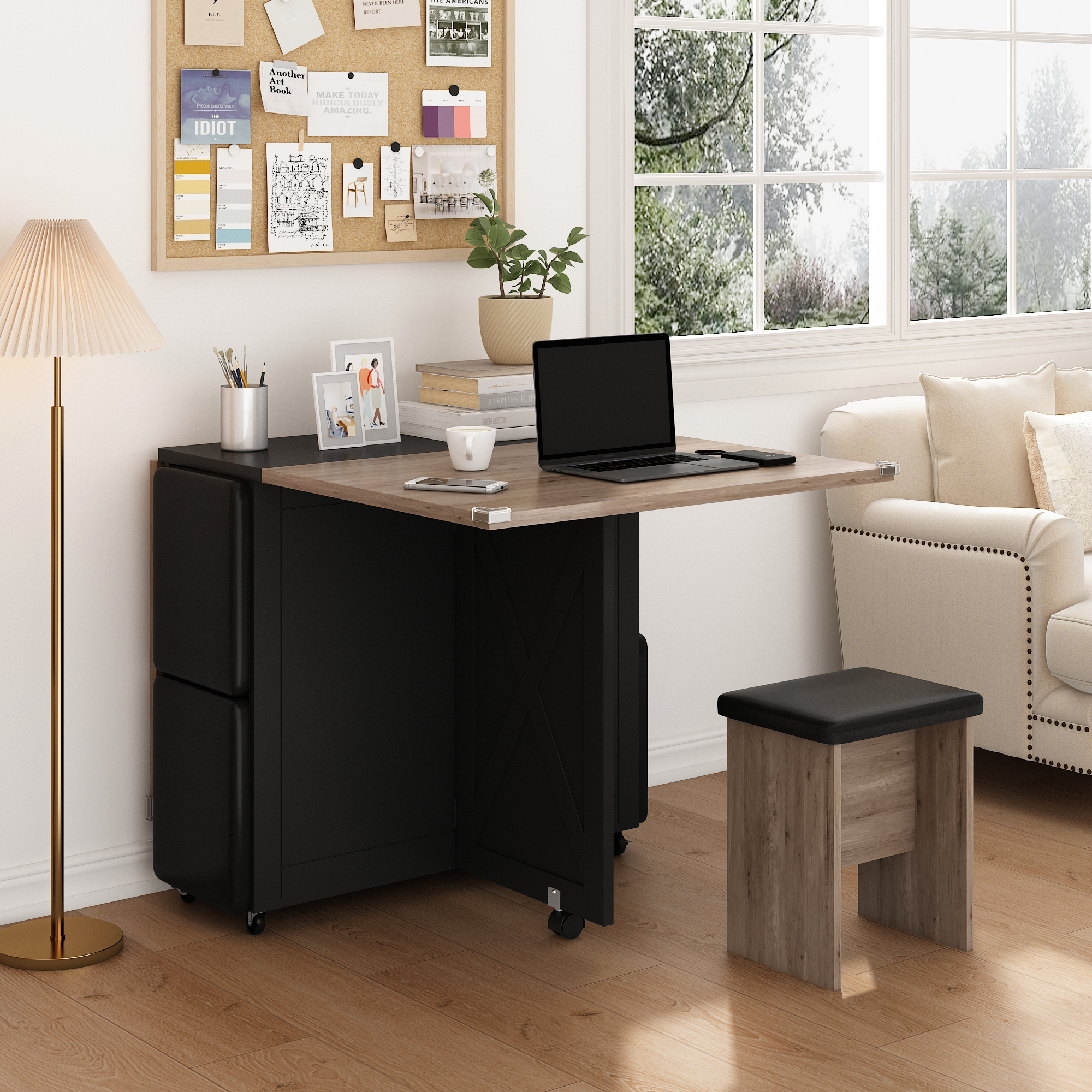 Blotout 5 Pieces Folding Dining Table Set for 4 with 4 Leather Chairs, 60'' Drop Leaf Table Set with Storage Racks & Wheels, Multifunction Kitchen Table Extension Dinner Table Set for Small Space