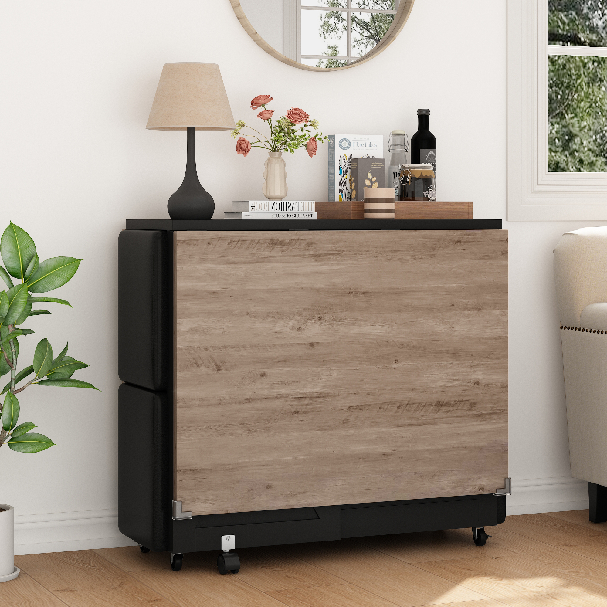 Blotout 5 Pieces Folding Dining Table Set for 4 with 4 Leather Chairs, 60'' Drop Leaf Table Set with Storage Racks & Wheels, Multifunction Kitchen Table Extension Dinner Table Set for Small Space