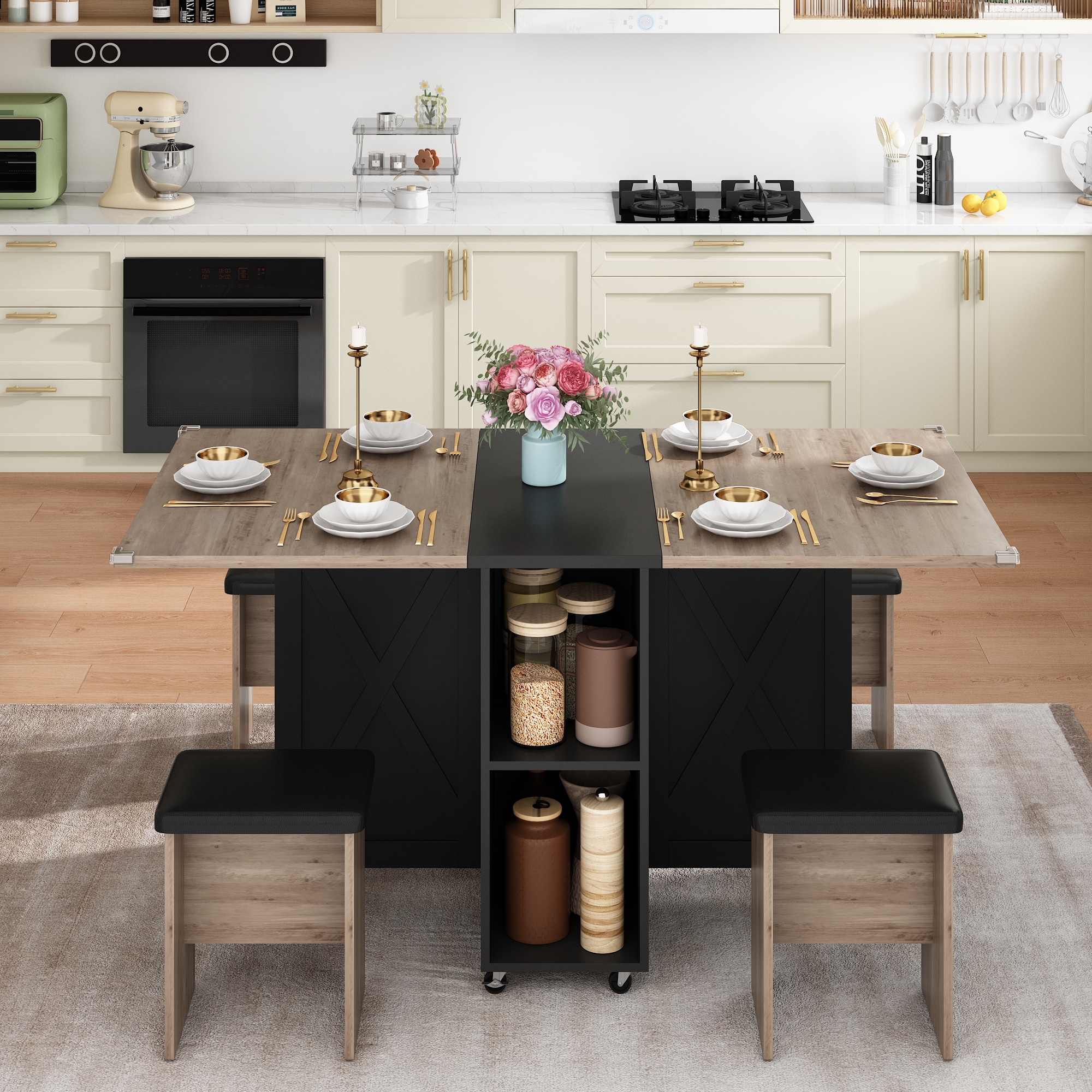 Blotout 5 Pieces Folding Dining Table Set for 4 with 4 Leather Chairs, 60'' Drop Leaf Table Set with Storage Racks & Wheels, Multifunction Kitchen Table Extension Dinner Table Set for Small Space