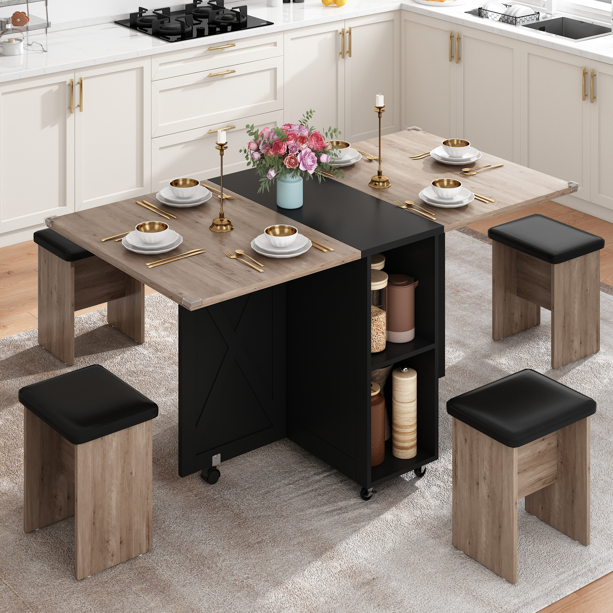 Blotout 5 Pieces Folding Dining Table Set for 4 with 4 Leather Chairs, 60'' Drop Leaf Table Set with Storage Racks & Wheels, Multifunction Kitchen Table Extension Dinner Table Set for Small Space