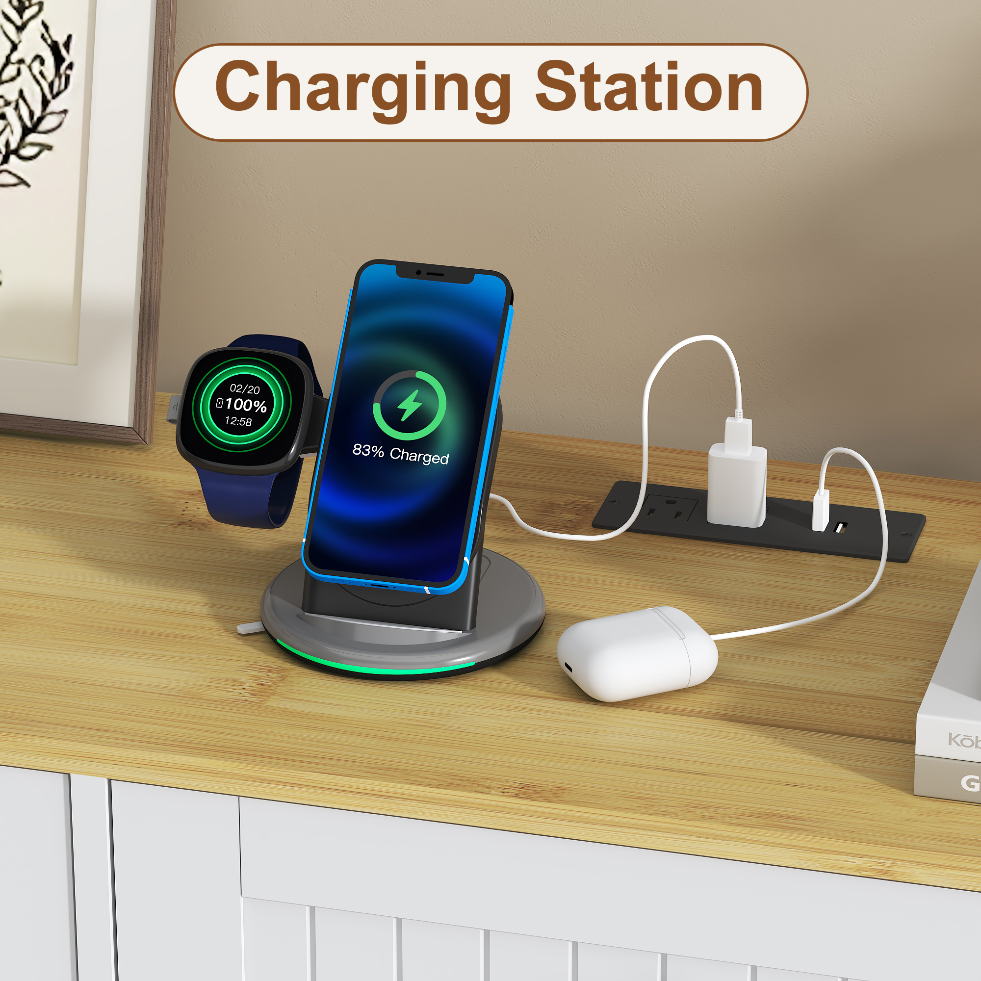 ANPOO 59 Inch Kitchen Triple Tilt Out Trash Can Cabinet, 30 Gallon Hidden Wooden Garbage Recycling Station with Power Outlet & 3 Drawers for Kitchen