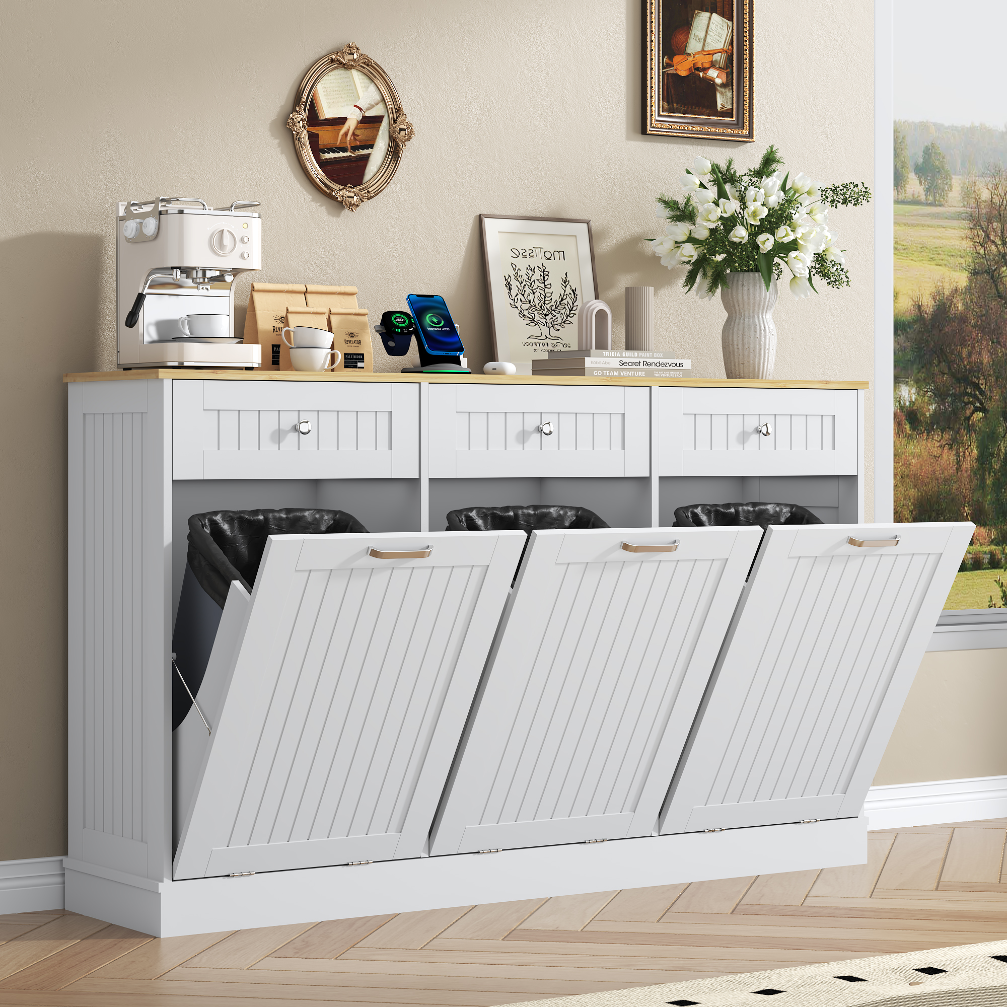 ANPOO 59 Inch Kitchen Triple Tilt Out Trash Can Cabinet, 30 Gallon Hidden Wooden Garbage Recycling Station with Power Outlet & 3 Drawers for Kitchen