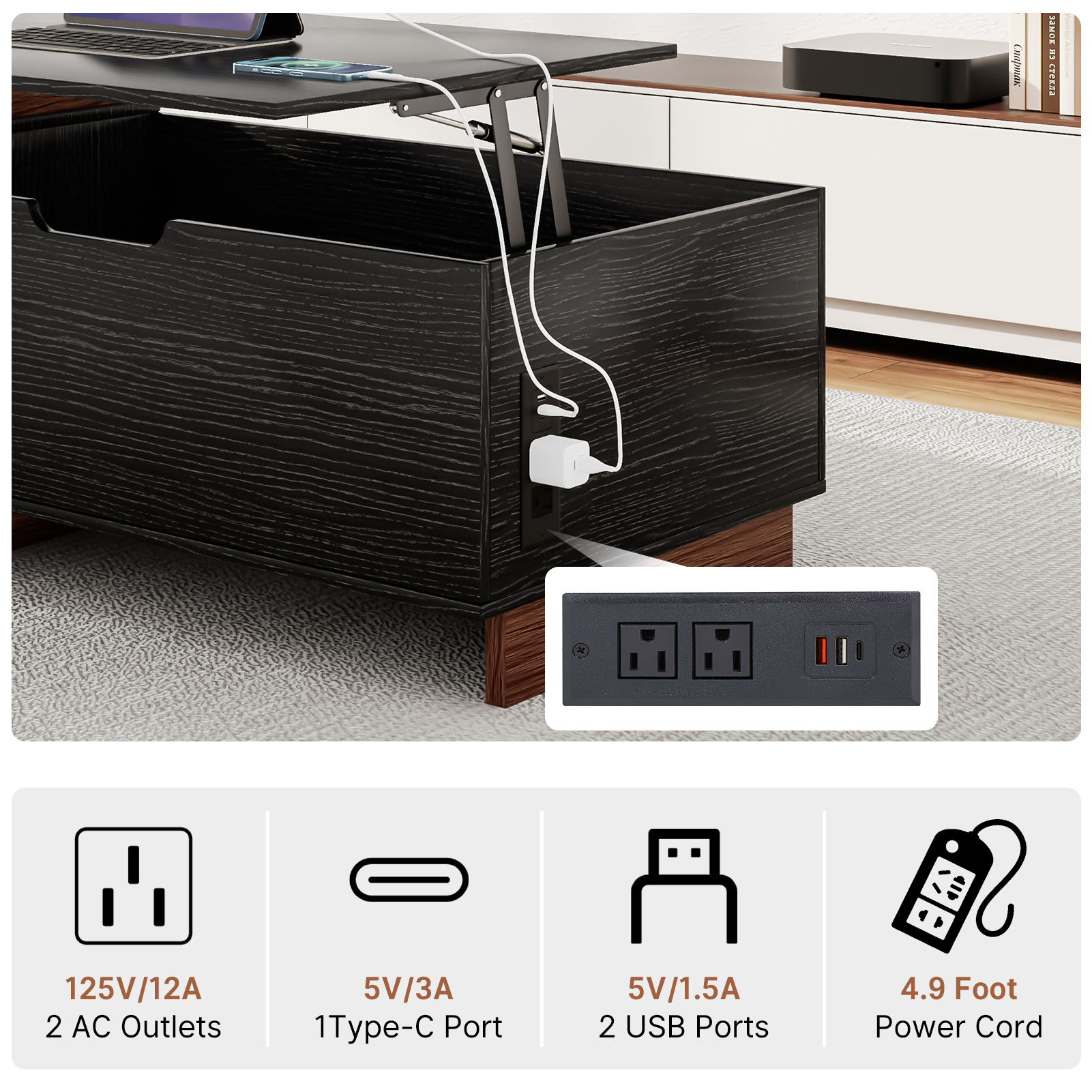 Blotout Extendable Coffee Table with Charging Station, 47.2"-59" Large Wood Coffee Table with Lift Top & Hidden Storage Space, Adjustable Extendable Center Table for Living Room, Black&walnut