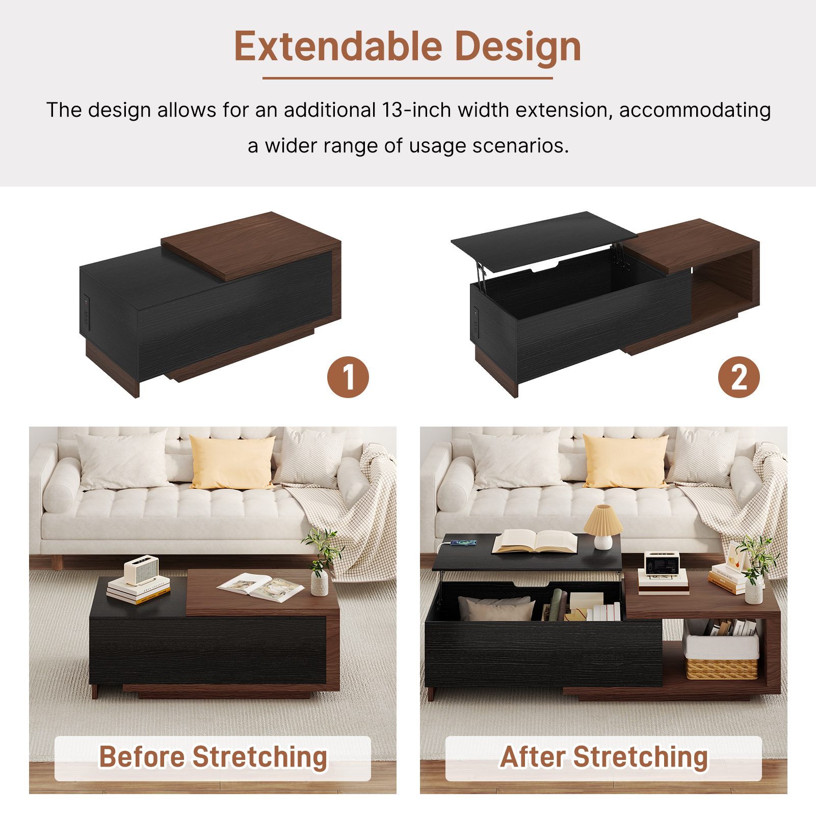 Blotout Extendable Coffee Table with Charging Station, 47.2"-59" Large Wood Coffee Table with Lift Top & Hidden Storage Space, Adjustable Extendable Center Table for Living Room, Black&walnut