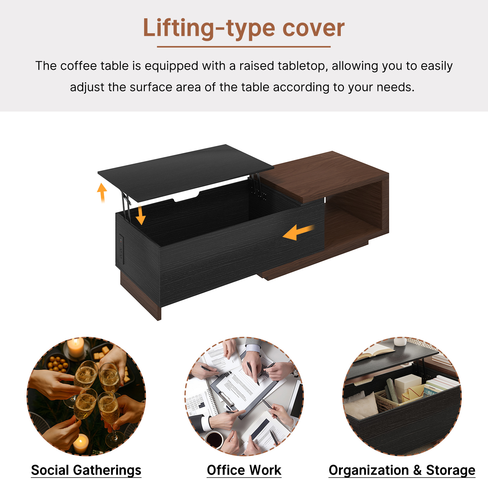 Blotout Extendable Coffee Table with Charging Station, 47.2"-59" Large Wood Coffee Table with Lift Top & Hidden Storage Space, Adjustable Extendable Center Table for Living Room, Black&walnut