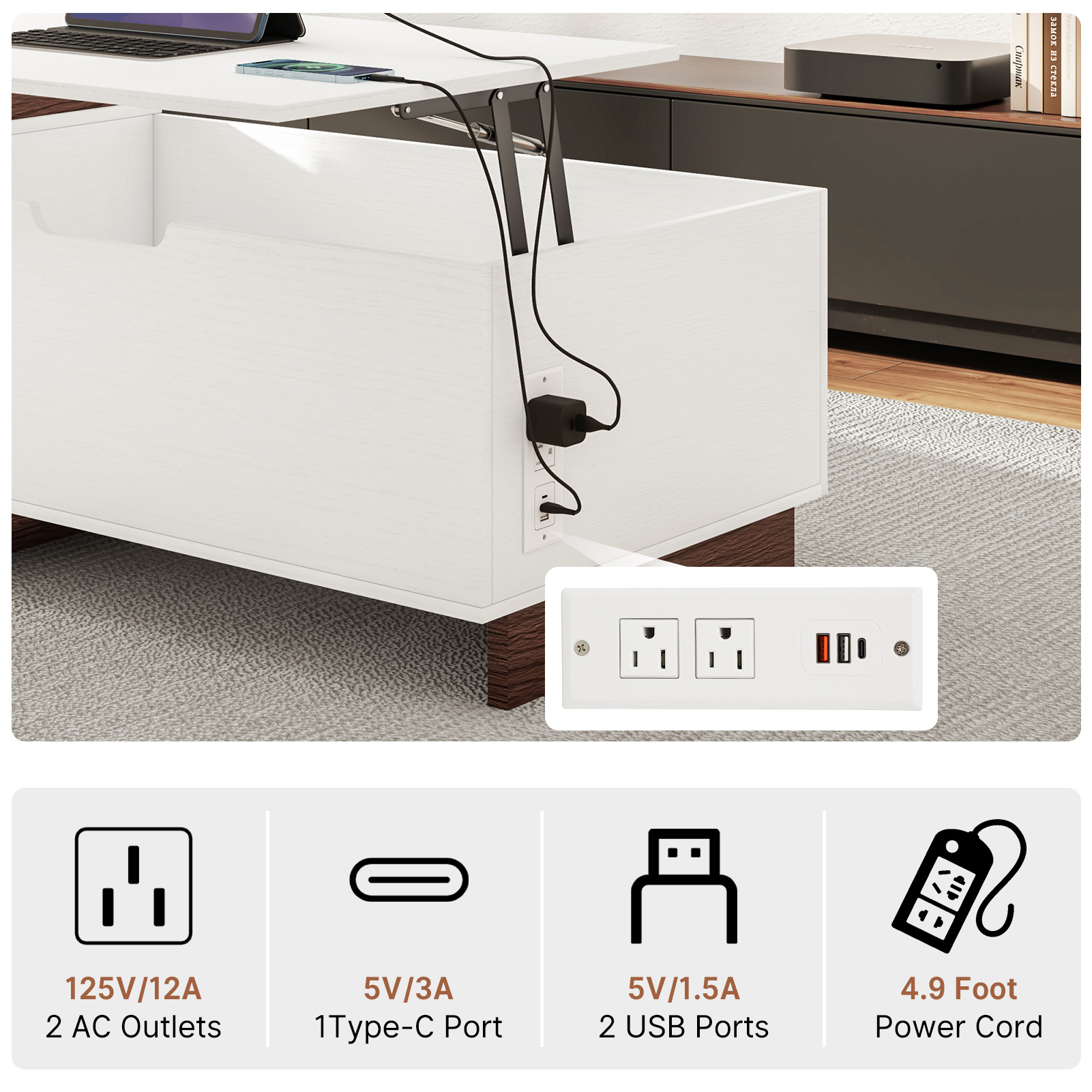 Blotout Extendable Coffee Table with Charging Station, 47.2"-59" Large Wood Coffee Table with Lift Top & Hidden Storage Space, Adjustable Extendable Center Table for Living Room, Black&walnut