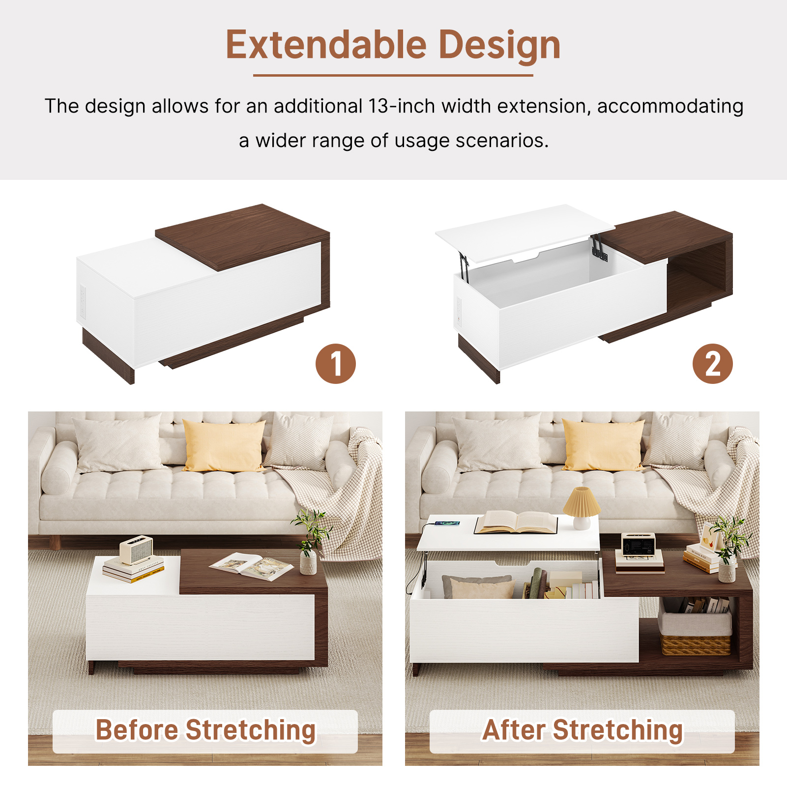 Blotout Extendable Coffee Table with Charging Station, 47.2"-59" Large Wood Coffee Table with Lift Top & Hidden Storage Space, Adjustable Extendable Center Table for Living Room, Black&walnut