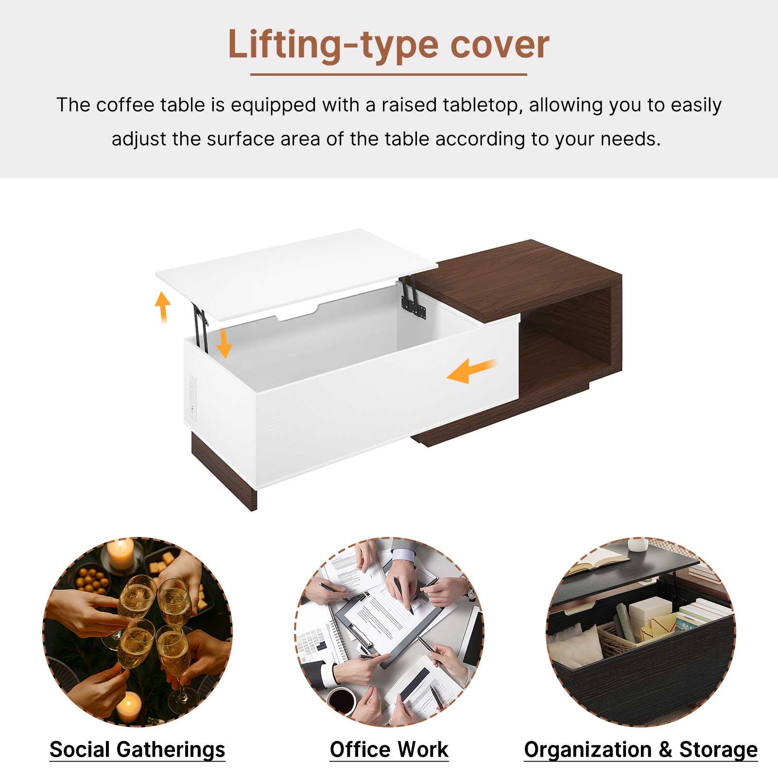 Blotout Extendable Coffee Table with Charging Station, 47.2"-59" Large Wood Coffee Table with Lift Top & Hidden Storage Space, Adjustable Extendable Center Table for Living Room, Black&walnut