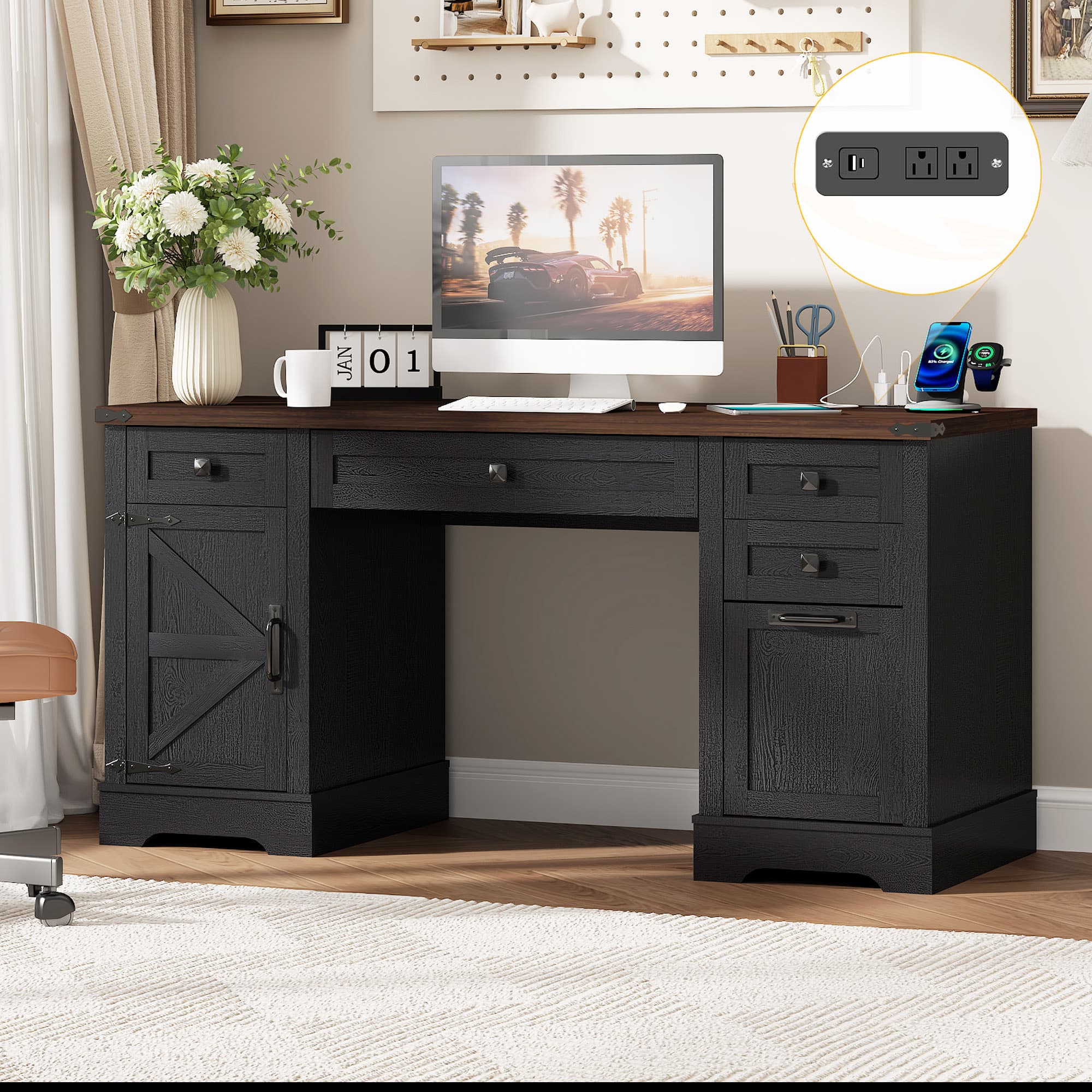 Farmhouse Executive Office Desk with Storage