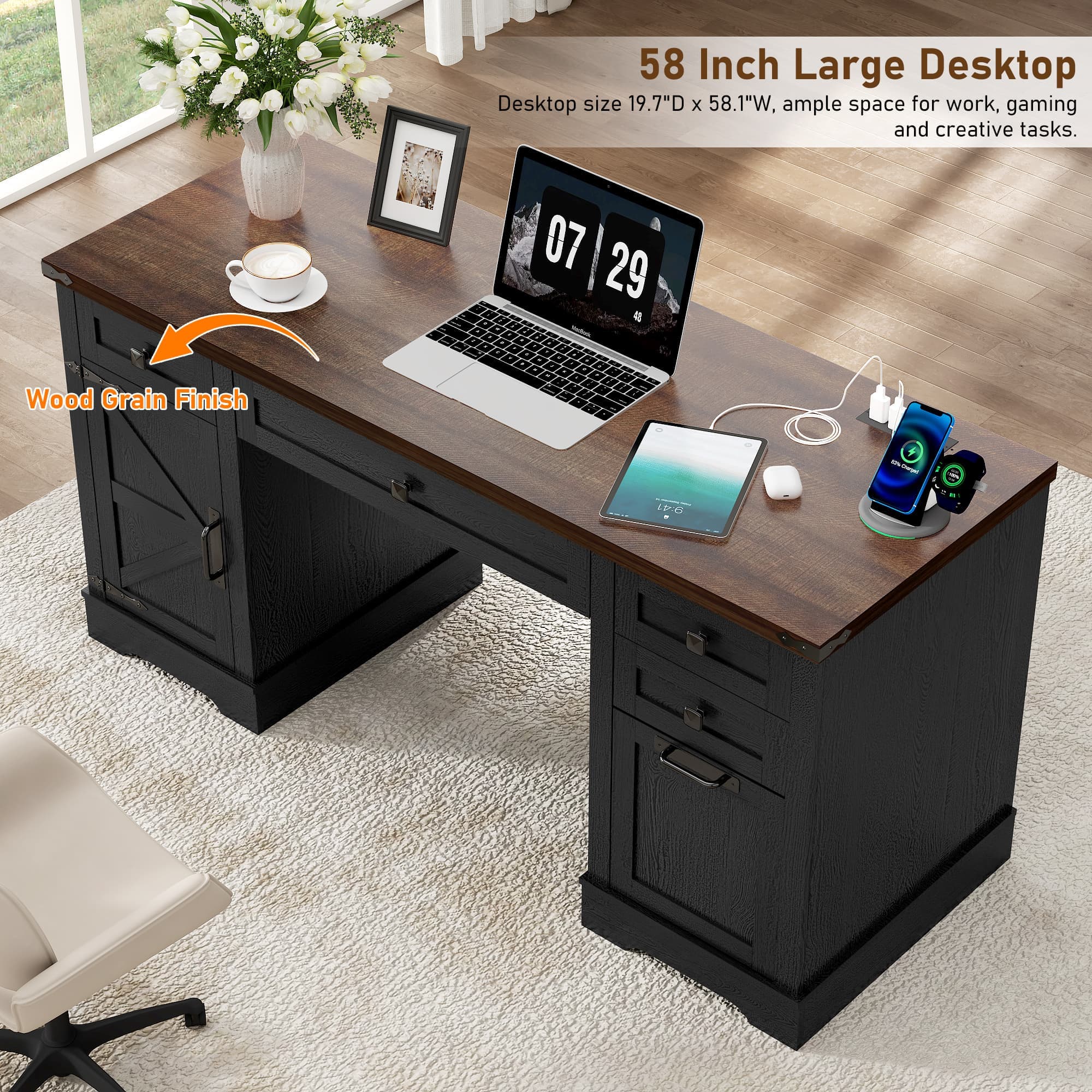 Farmhouse Executive Office Desk with Storage