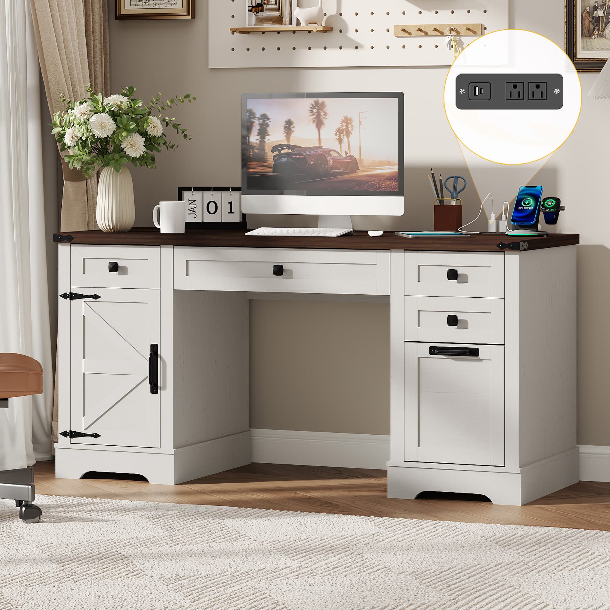 Farmhouse Executive Office Desk with Storage