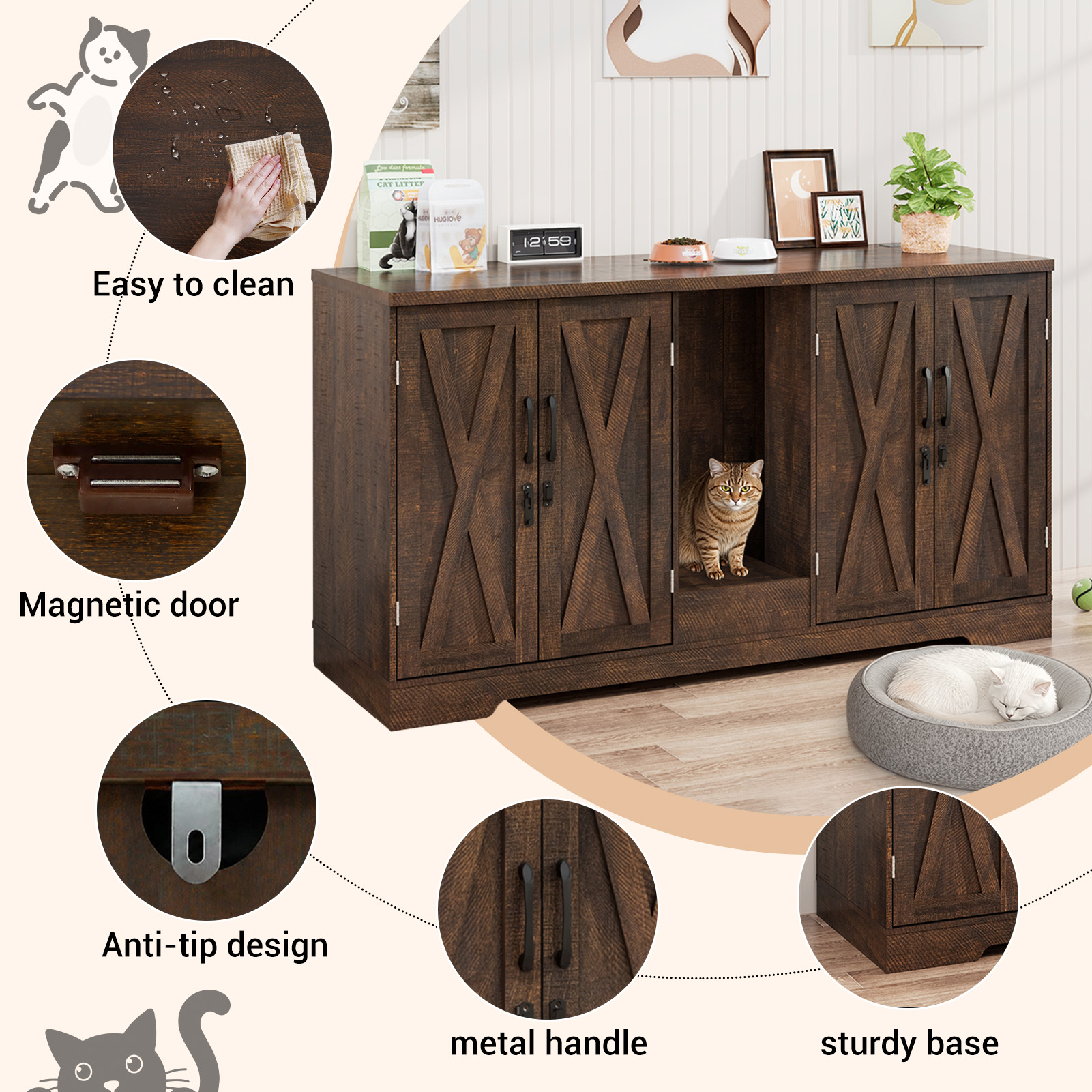 Blotout 59" Large Cat Litter Box Enclosure for 2 Cats with Power Outlets, Litter Box Furniture Hidden with Double Room, Wooden Cat Washroom Furniture with Lockable Door, Cats House
